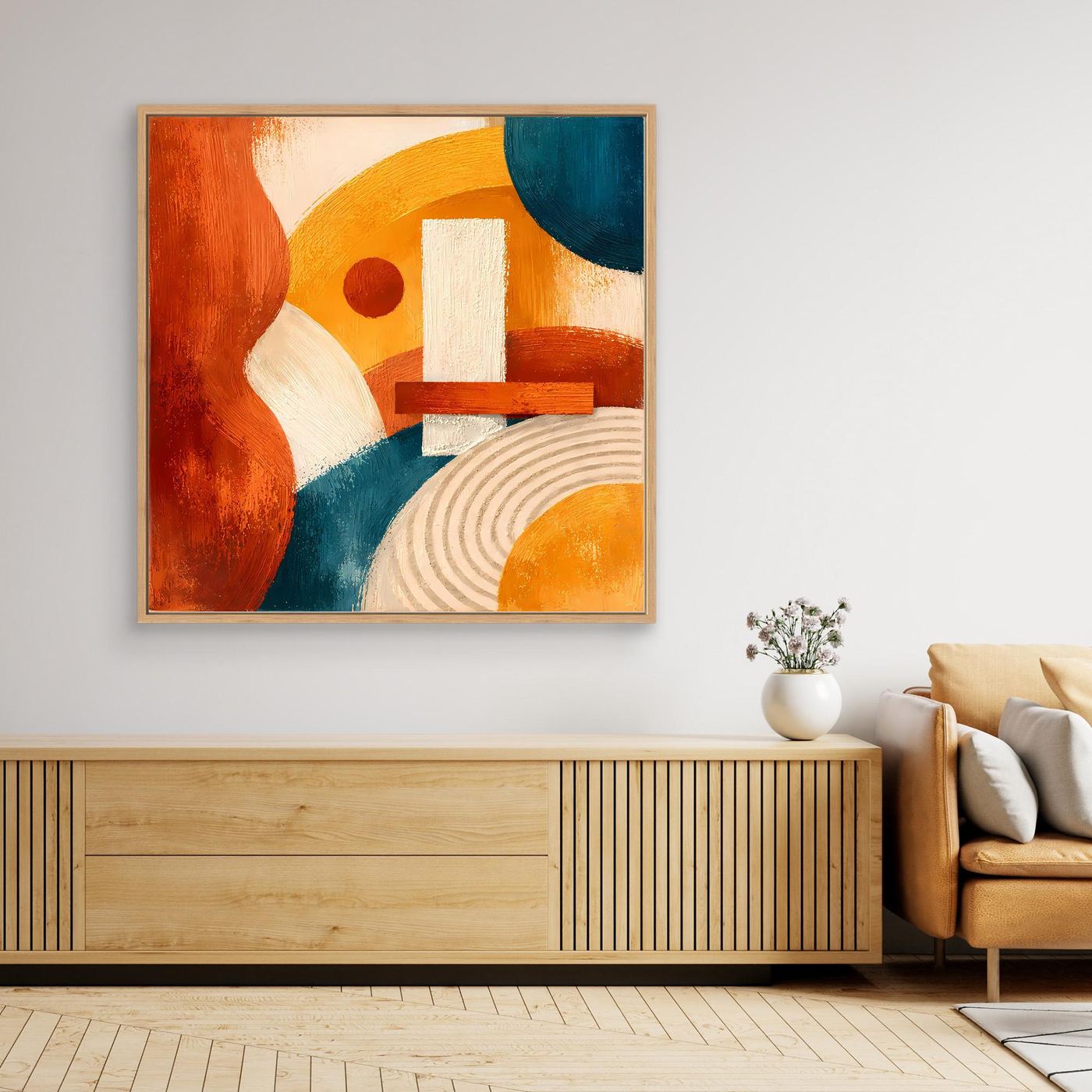 Leinwandbild mit geometrischer Abstraktion in Terrakotta und Blau, cremefarbene Streifen, heller Holzrahmen