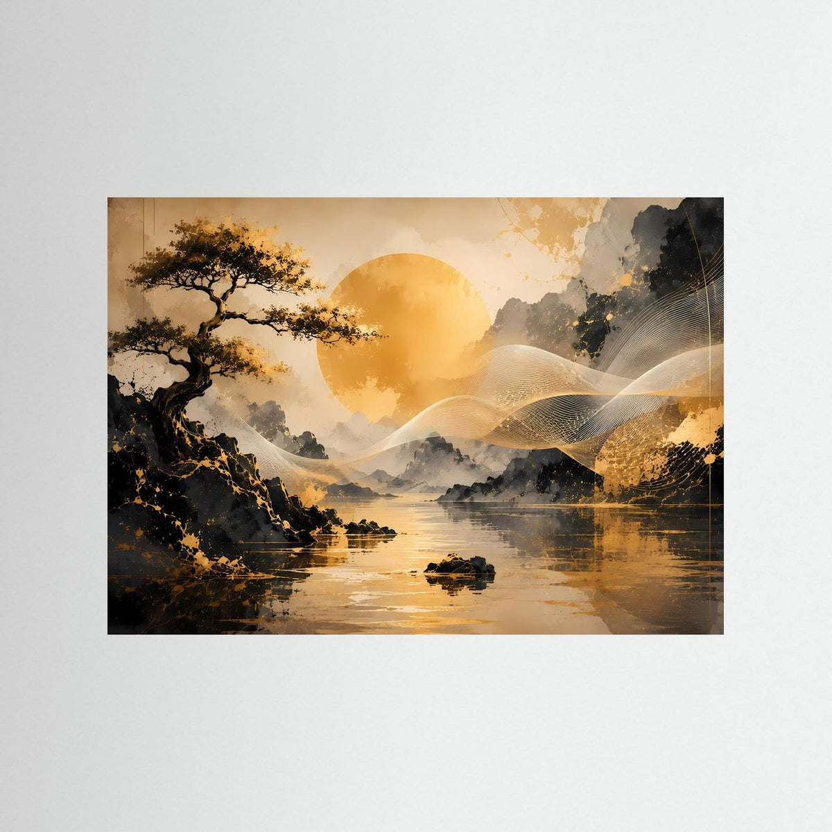Querformat-Poster mit goldener Bonsai-Landschaft und See, Sonne im Hintergrund