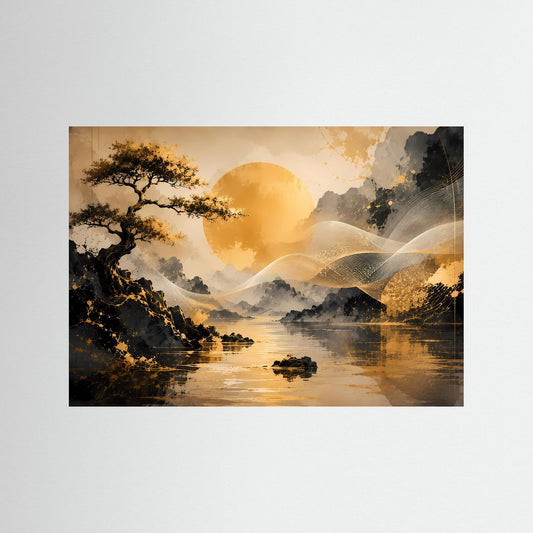 Querformat-Poster mit goldener Bonsai-Landschaft und See, Sonne im Hintergrund