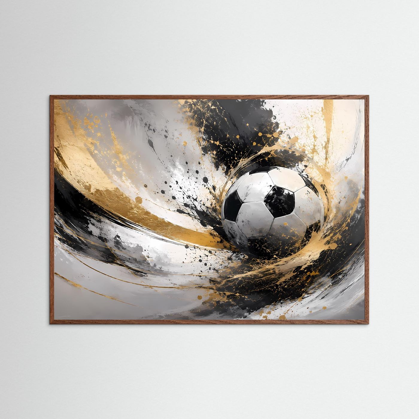 Gerahmtes Fußballkunst-Poster (dunkler Holzrahmen) mit schwarzem Ball und Spritztechnik