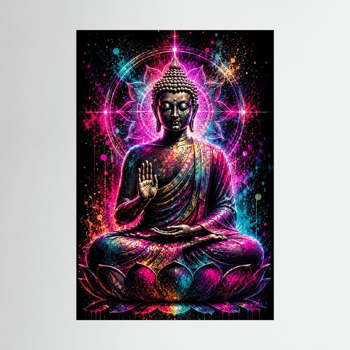 Neon-Buddha-Poster: meditierender Buddha auf Lotus in Pink/Türkis, Hochformat