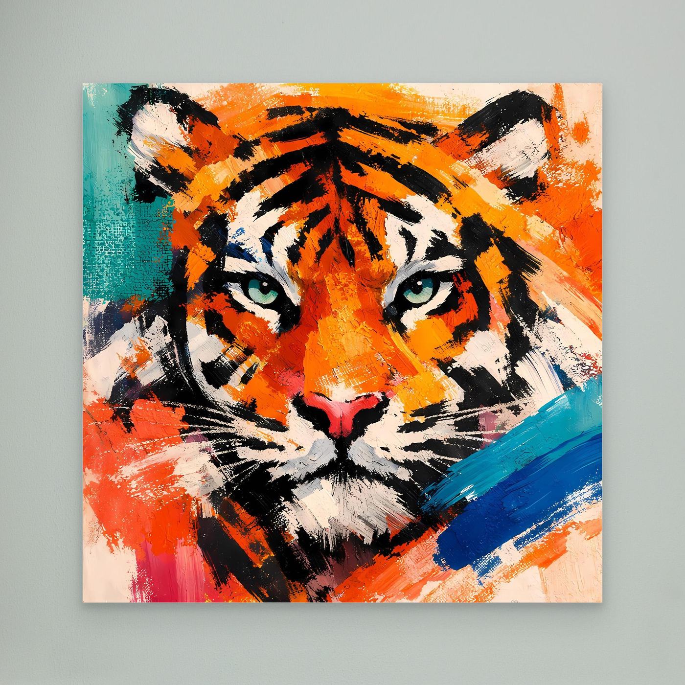 Abstract tiger wall art, orange tiger face with black stripes, teal and blue expressive brushstrokes