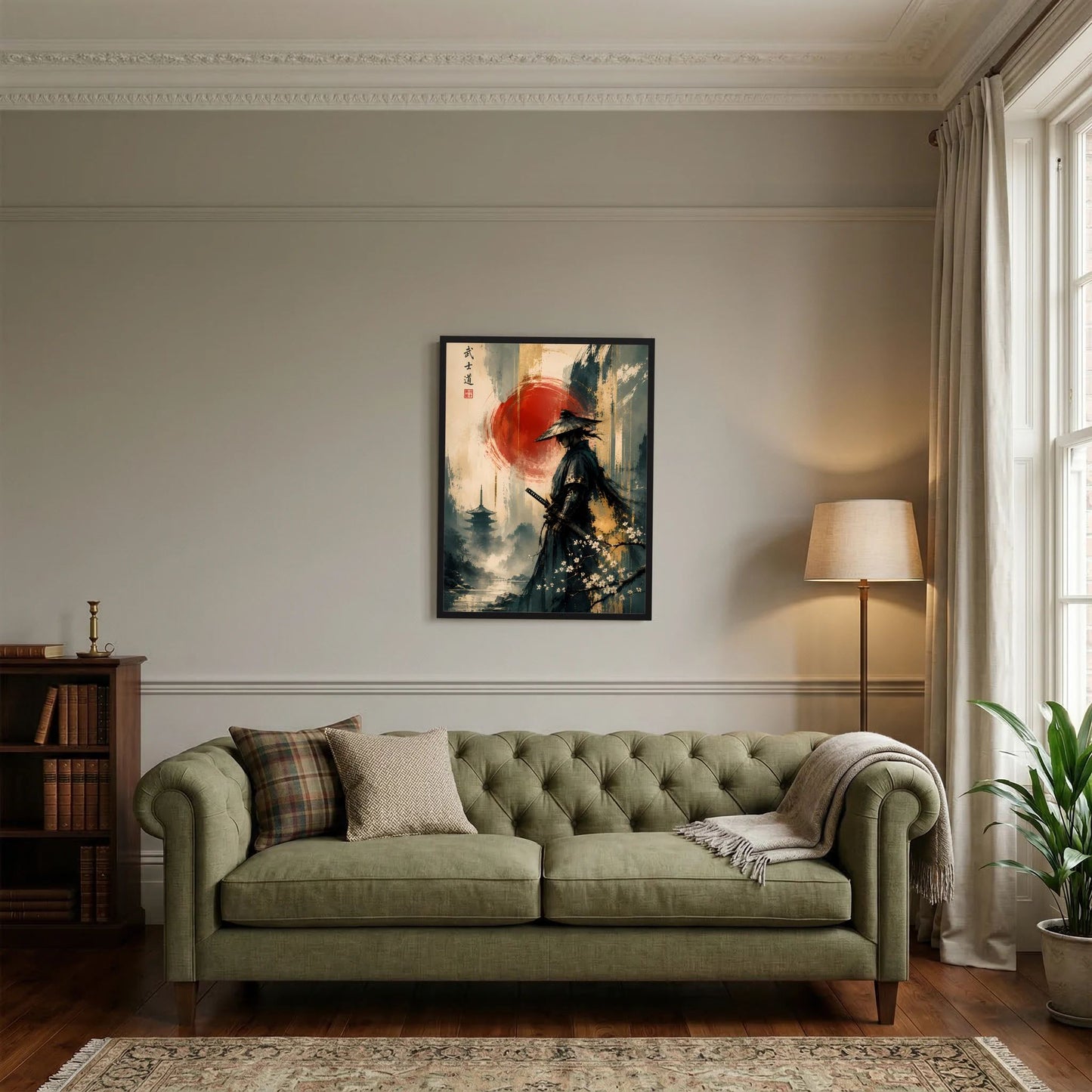 Gerahmtes Wandposter mit Samurai-Silhouette, roter Sonne und Berglandschaft, Hochformat.
