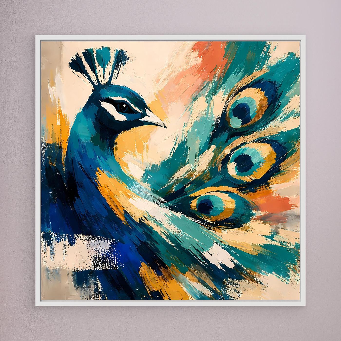 Peacock canvas wall art with abstract blue teal feathers and golden accents, light frame