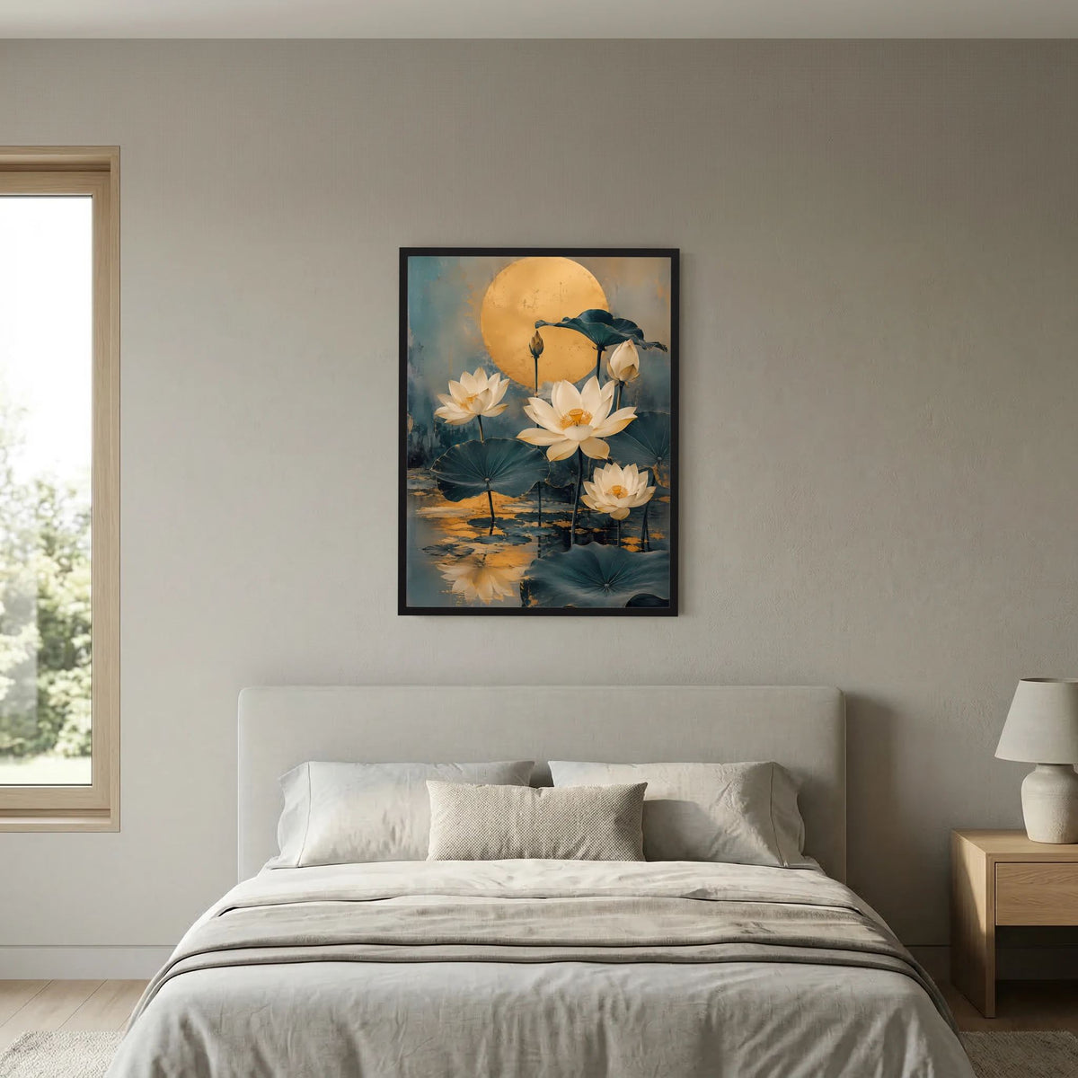 Poster mit goldener Mondscheibe und weißen Lotusblüten, schwarz gerahmt