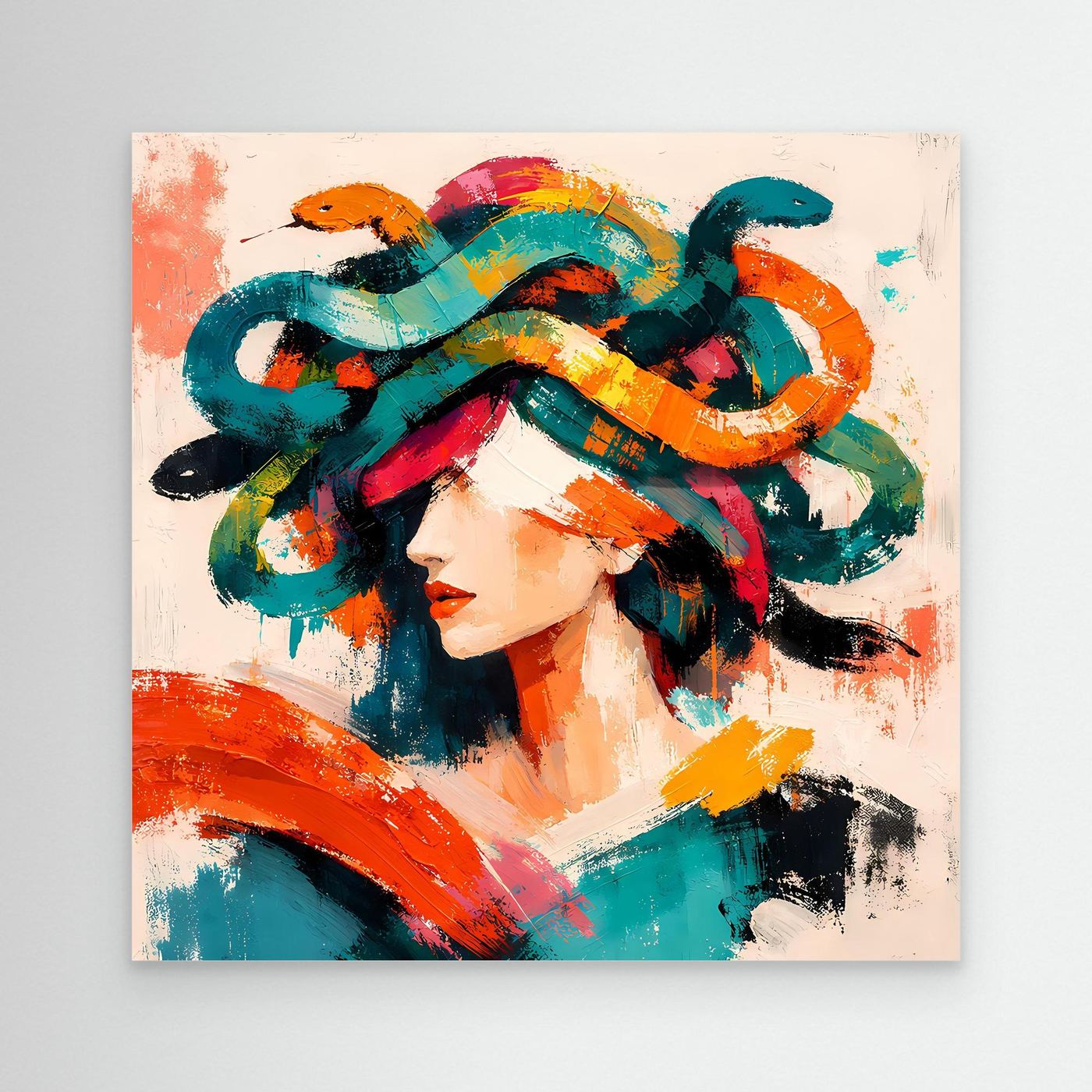 Leinwandbild mit Pop-Art-Porträt einer Frau und bunten, abstrakten Medusen-Schlangen