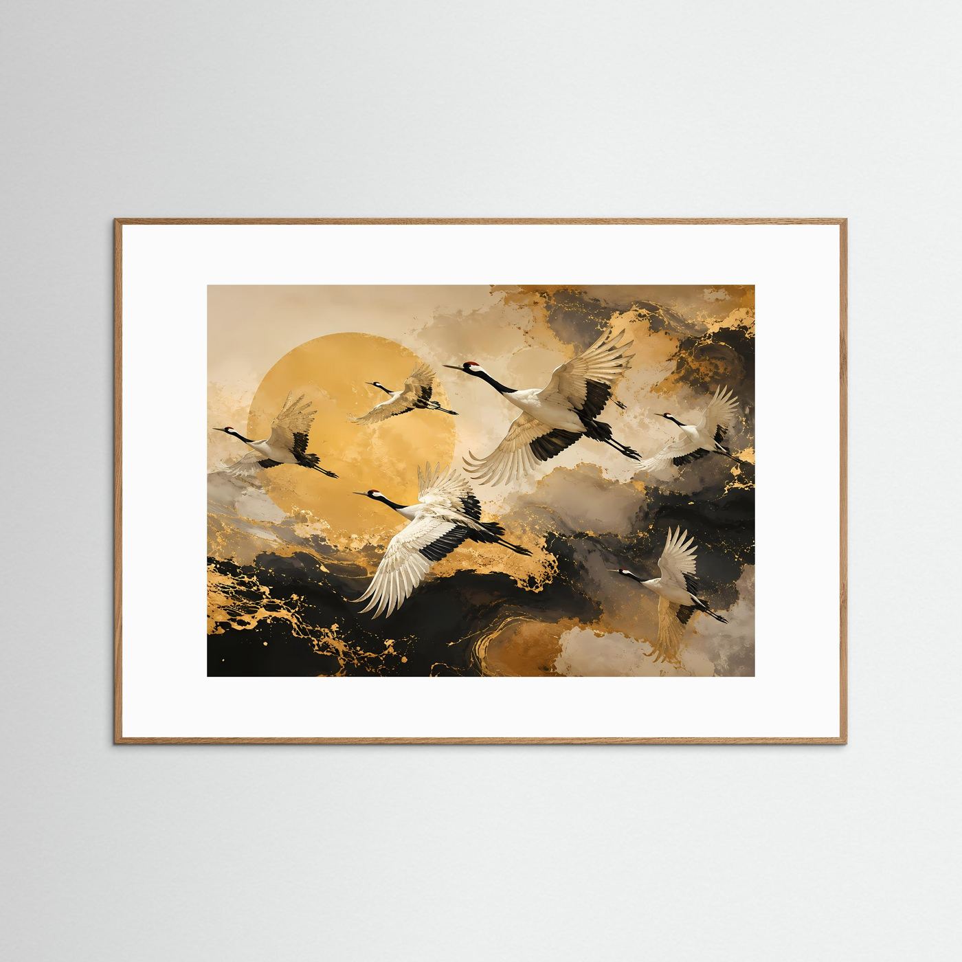 Anmutige Kraniche im goldenen Morgenlicht | Asiatische Natur & Abstrakte Kunst Poster Querformat