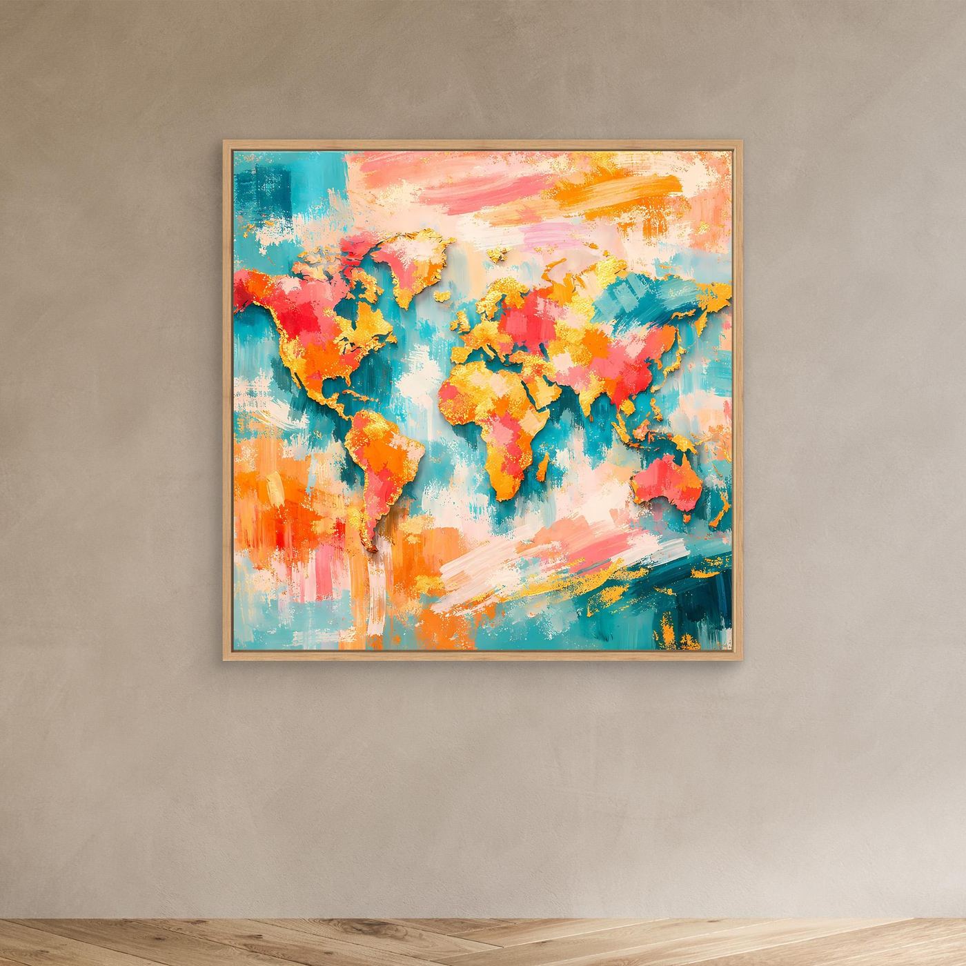 Abstrakte Weltkarte auf Leinwand mit Holzrahmen, farbenfroher Farbverlauf