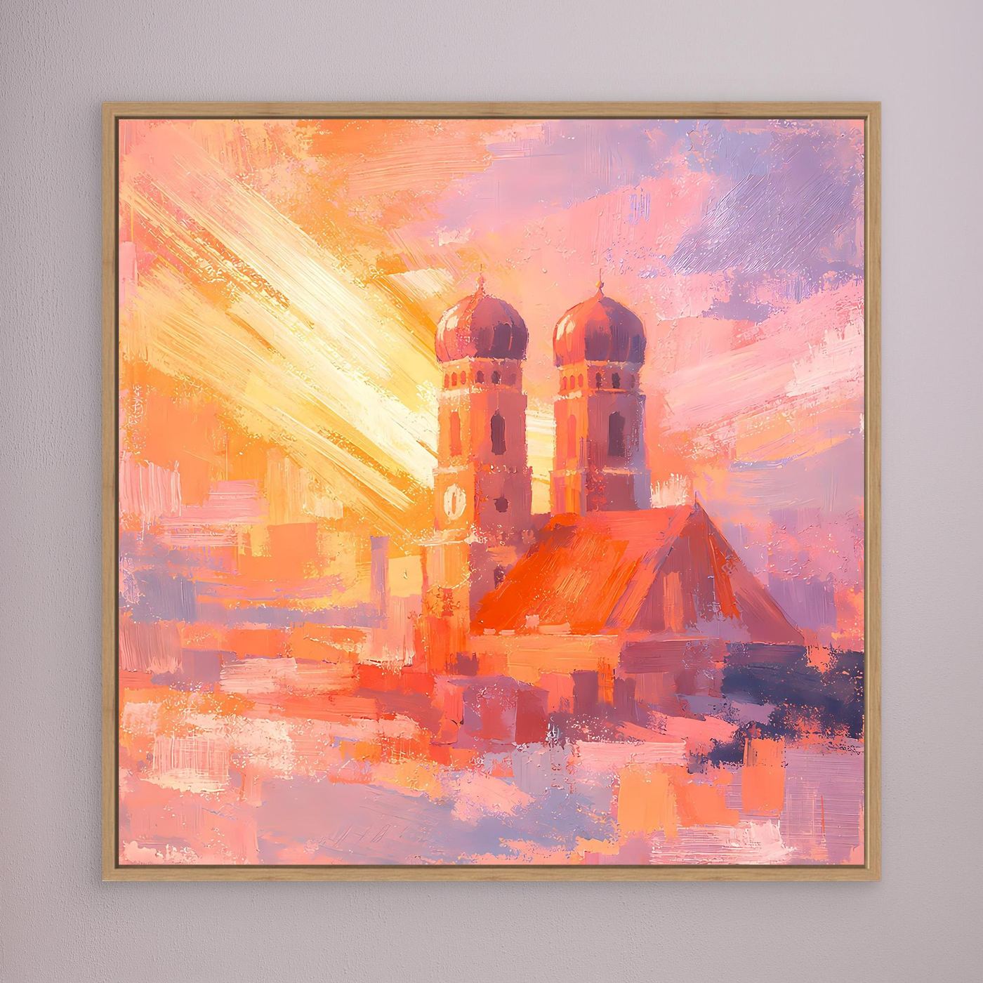Premium Leinwand Frauenkirche München im Sonnenaufgang | Abstraktes Skyline Wandbild Bayern