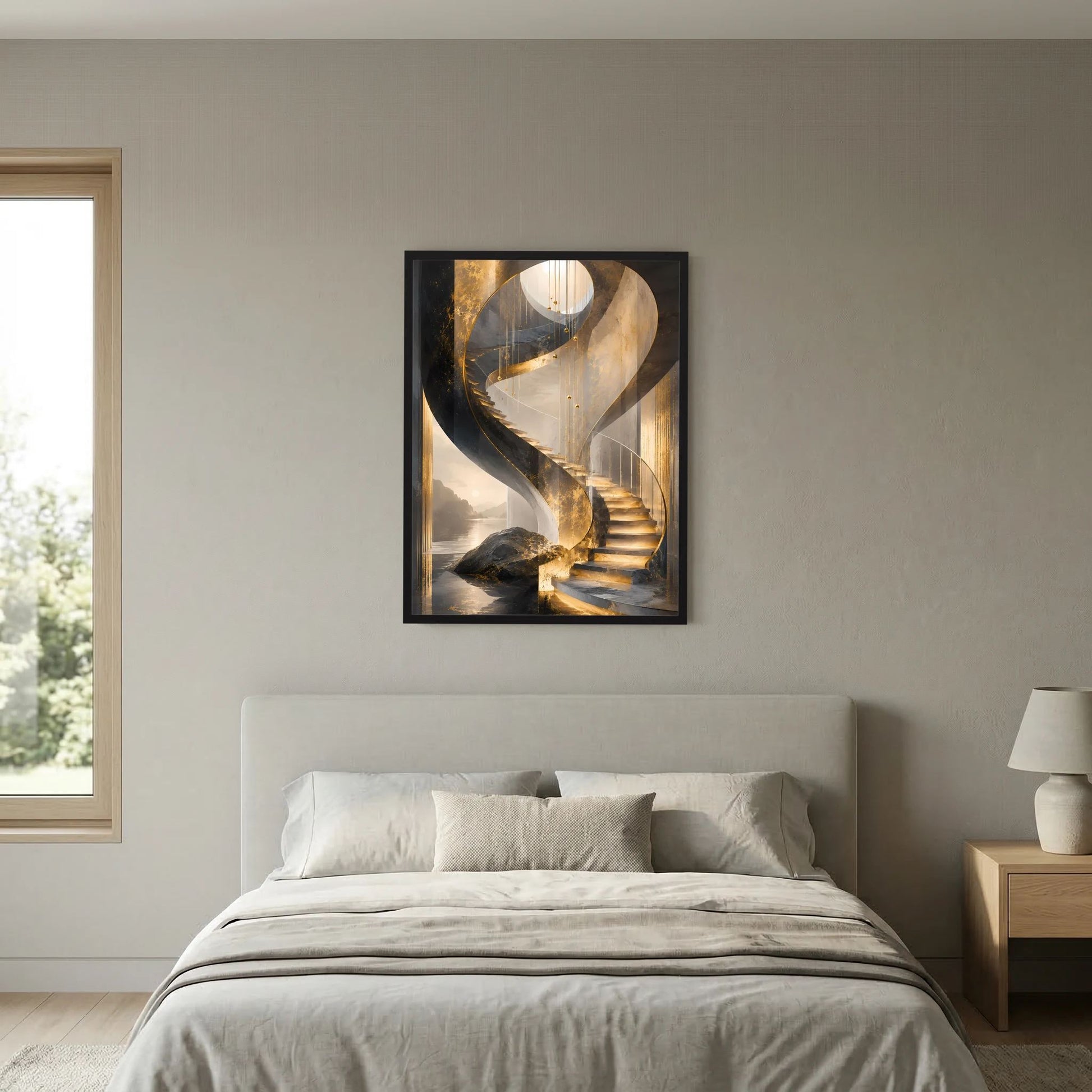 Wandposter im Hochformat mit schwarzem Rahmen: goldene Wendeltreppe, zentral dargestellt.