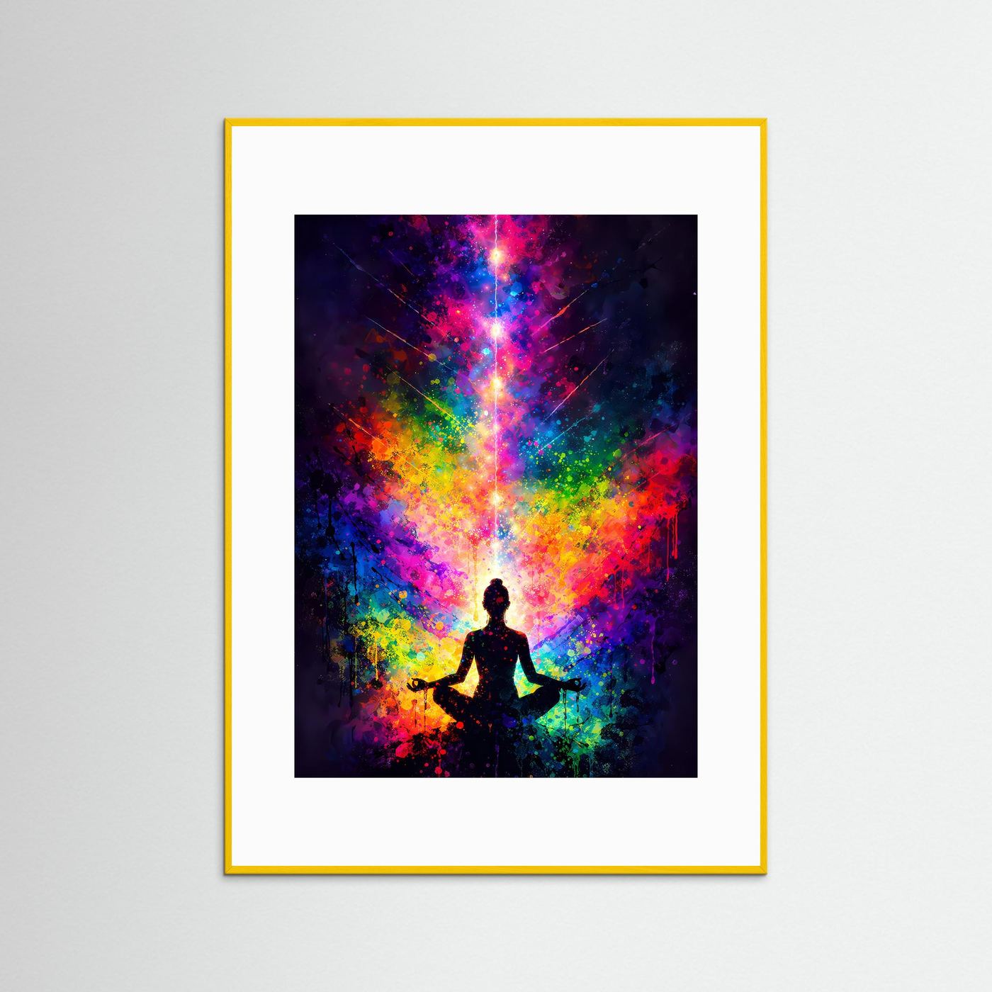Meditations-Wandbild im weißen Rahmen mit gelbem Außenrand und Meditationssilhouette