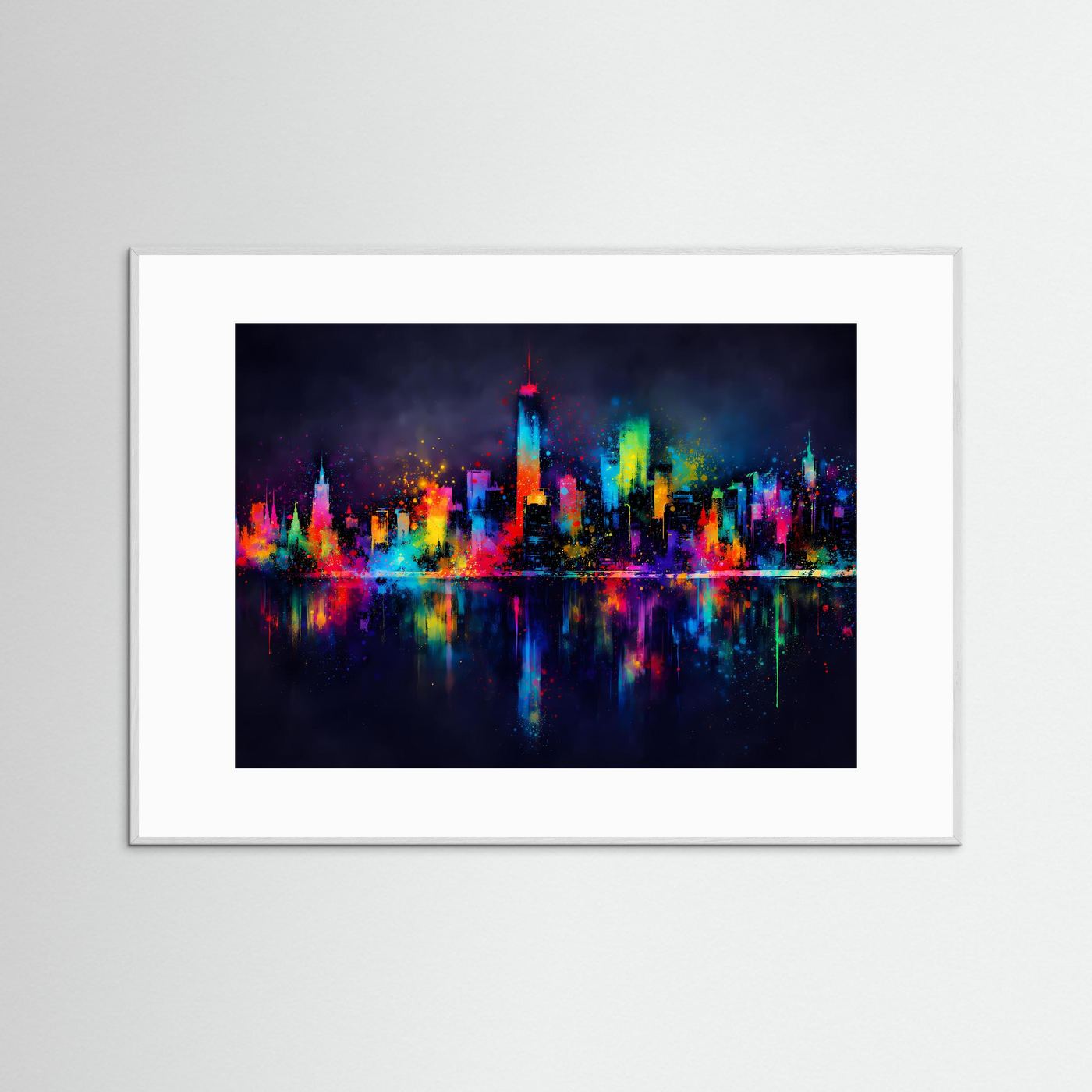 Gerahmter Skyline-Kunstdruck mit bunter Nachtstadt und Spiegelung, weißer Rahmen