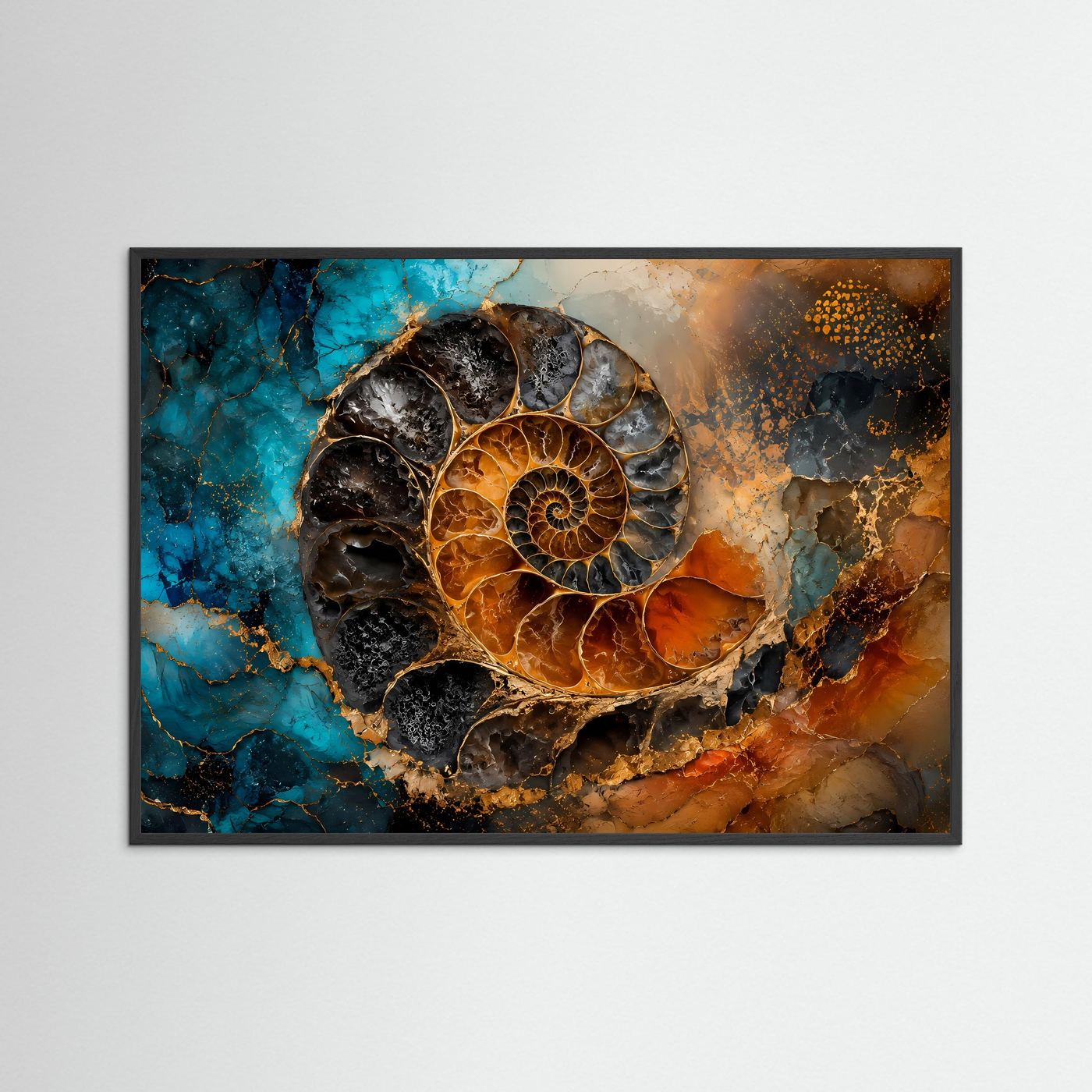 Geometrie der Zeit | Abstraktes Ammonit Fossil Poster mit Gold- und Ozean-Akzenten
