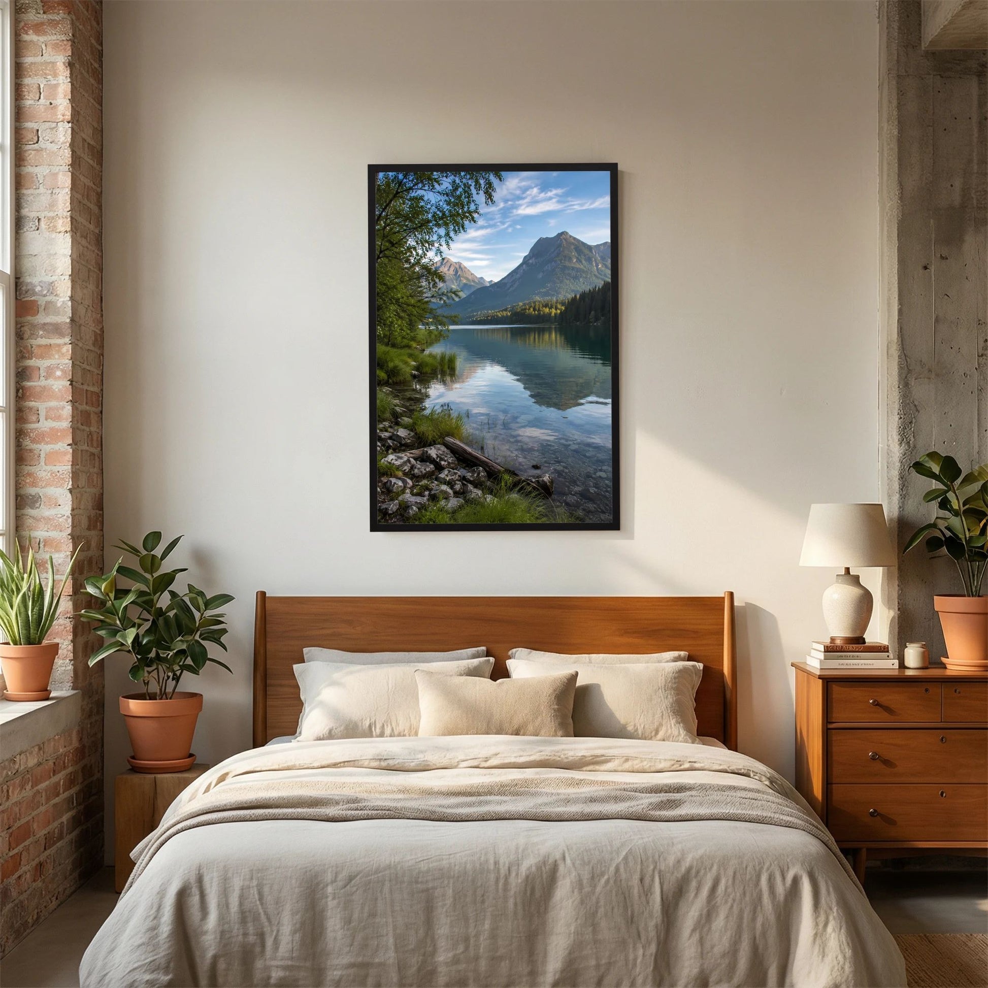 Hochformat-Poster mit schwarzem Rahmen: Alpenlandschaft mit See, Bäumen und Bergen