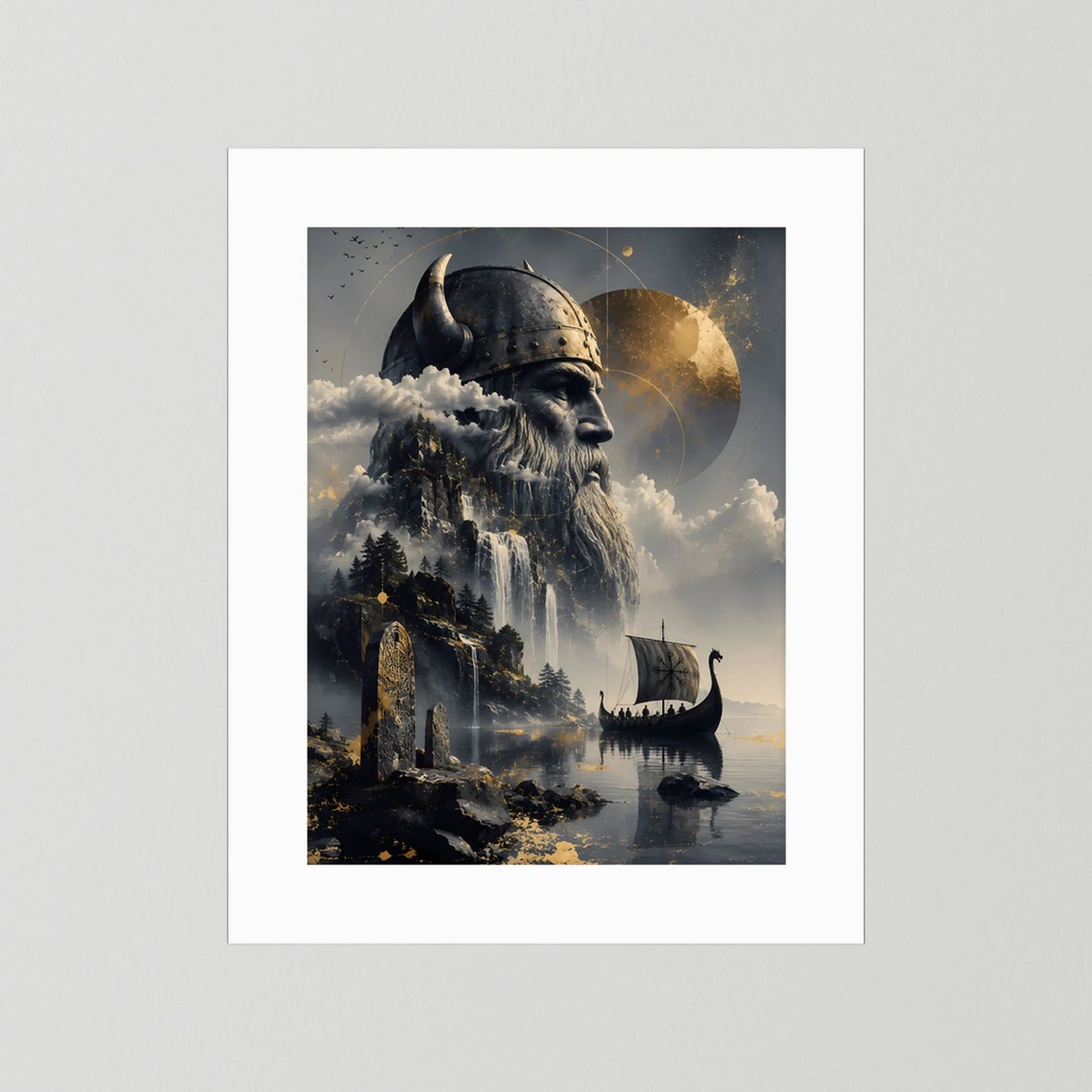 Hochformatiges Poster mit weißem Rand: Wikingerkriegerkopf, Wasserfall und Langschiff