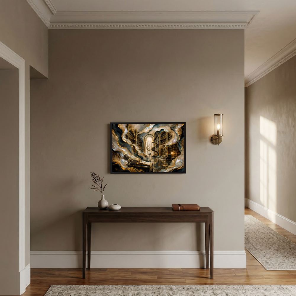 Querformat-Poster im schwarzen Rahmen mit gold-schwarzem, ornamentiertem Motiv