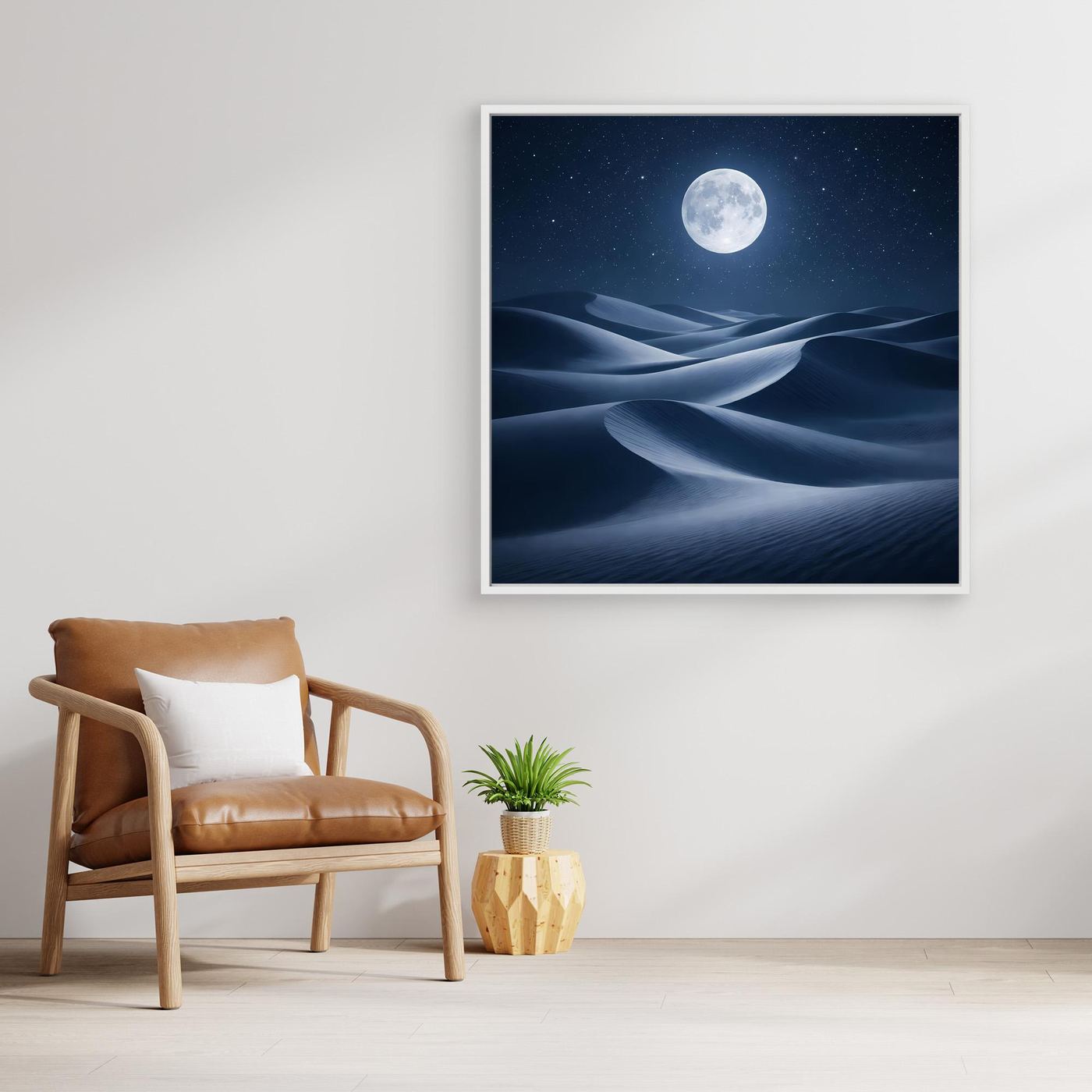 Leinwandbild mit dunklem Rahmen: Vollmond über Wüstendünen im Sternenhimmel.