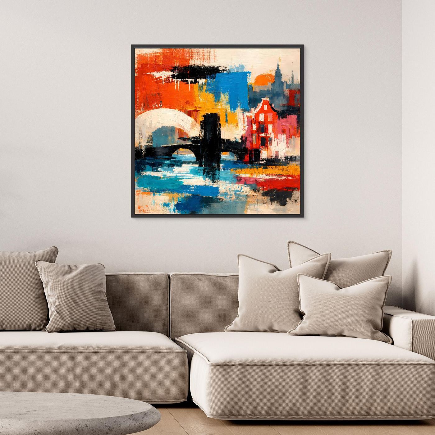 Abstraktes Leinwand-Wandbild mit roten und blauen Stadtmotiven, schwarzer Rahmen