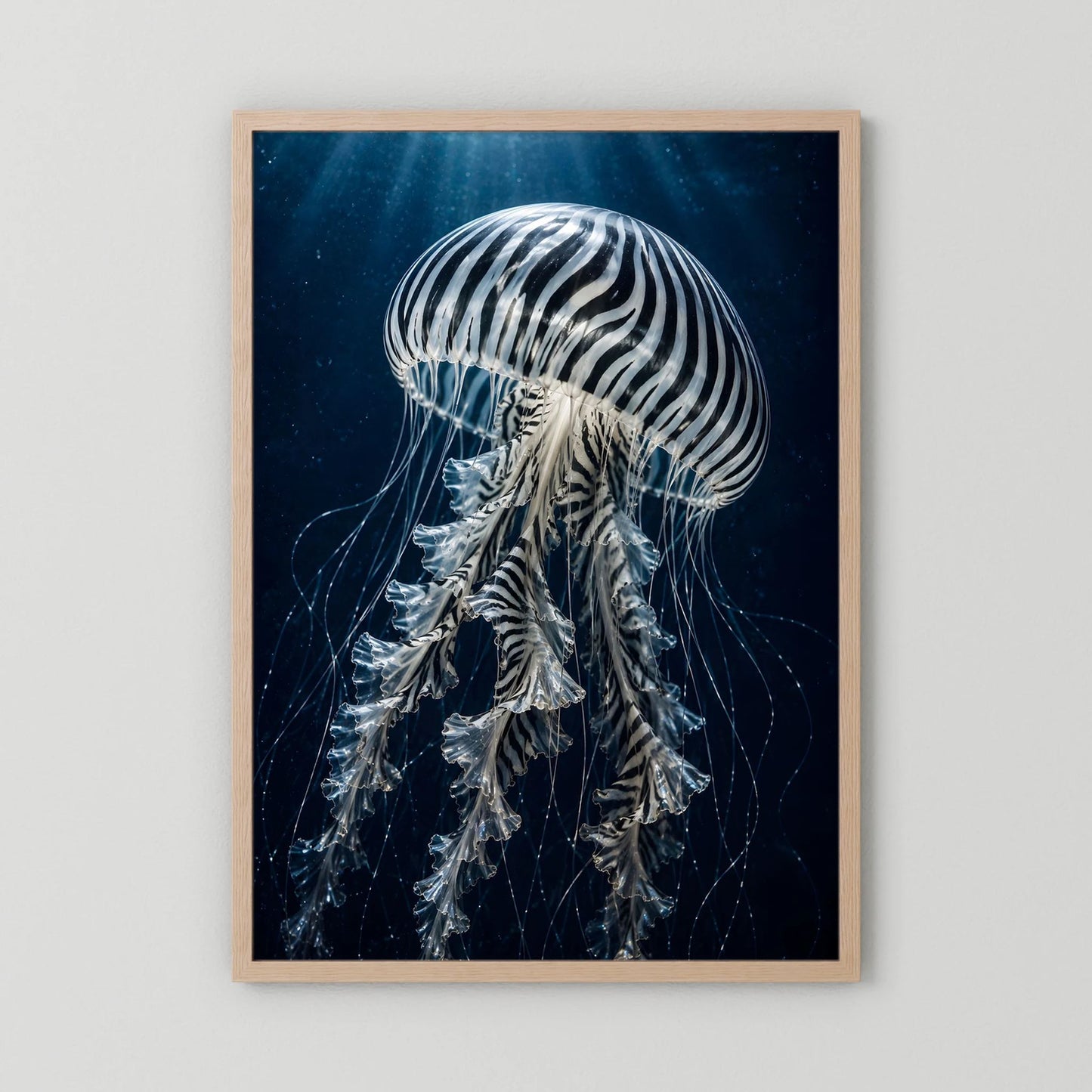 Hochformat-Poster mit hellem Holzrahmen und weiß-schwarz gestreifter Qualle auf dunklem Blau