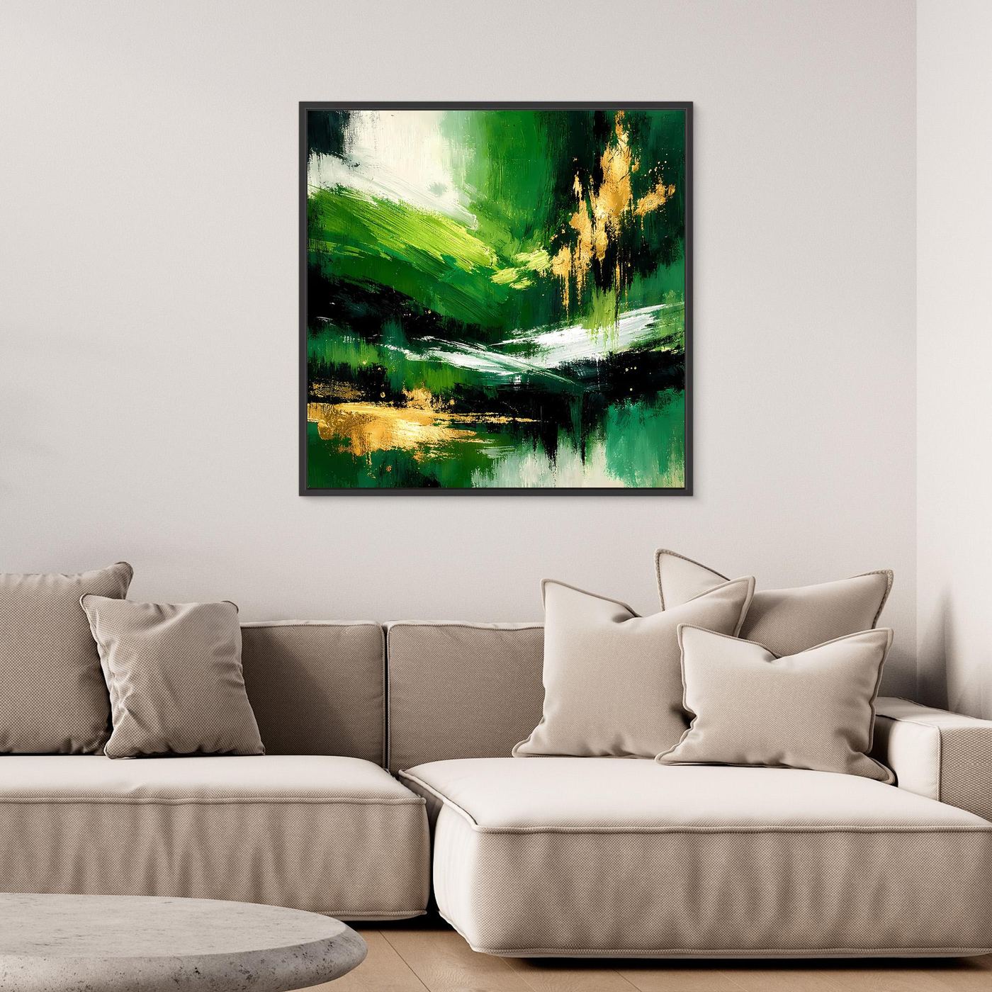 Leinwand Abstraktes Landschaftsgemälde in Smaragdgrün und Gold | Modernes Natur Wandbild