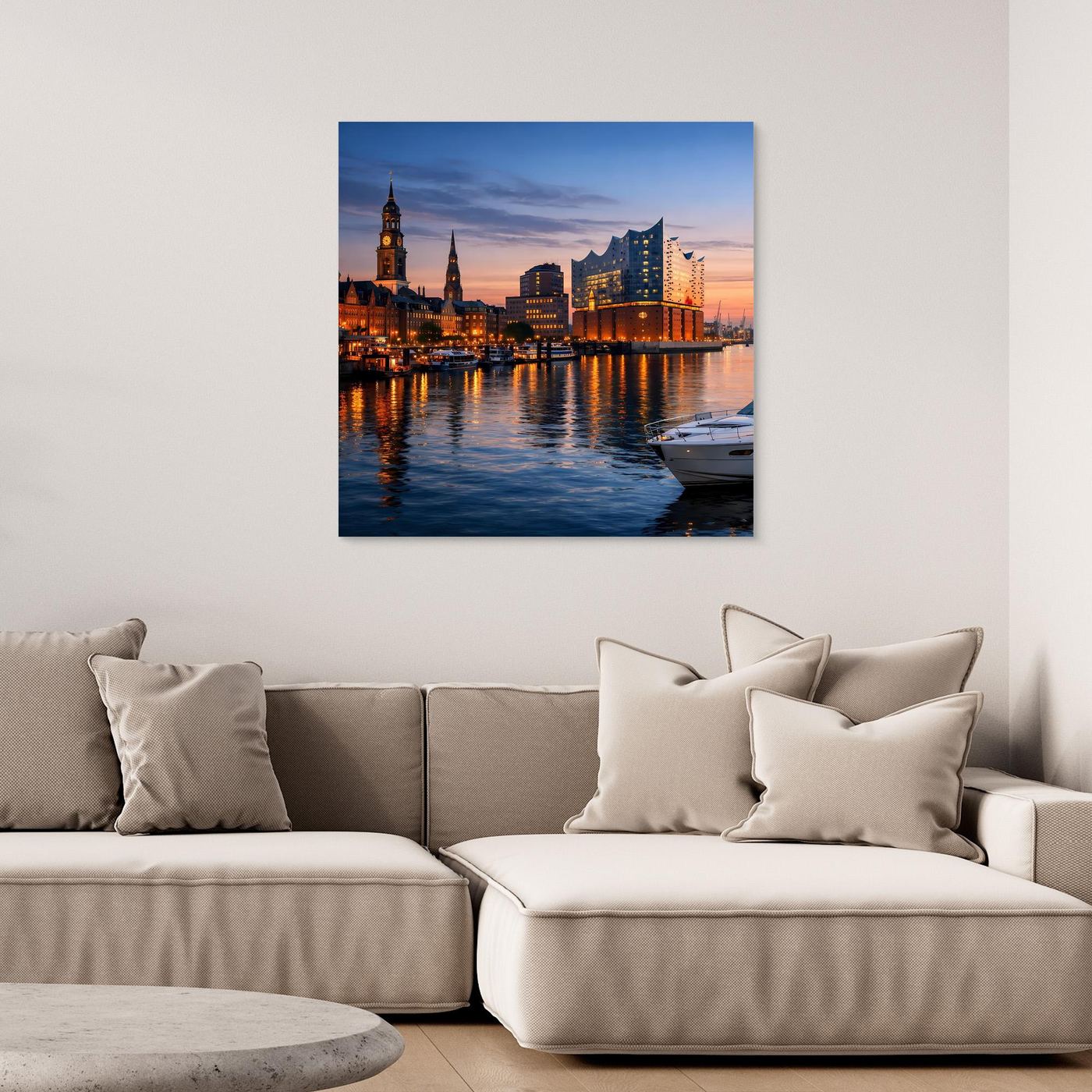 Leinwand-Wandbild mit Hamburger Skyline am Hafen bei Dämmerung, Spiegelung im Wasser