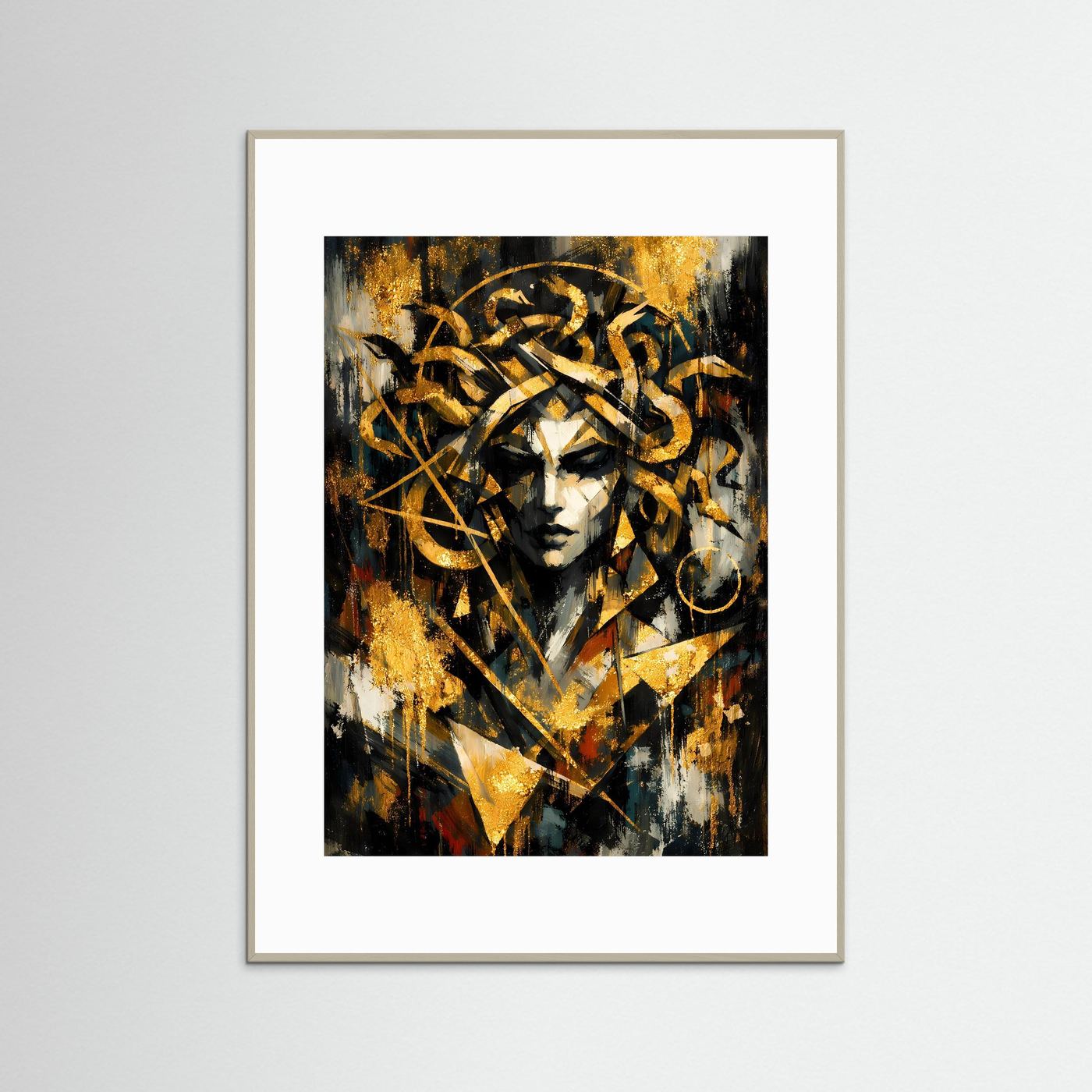 Mythologie-Poster mit Rahmen in Hellgrau, quadratischer Bildausschnitt mit Gold-, Schwarz- und Weißtönen
