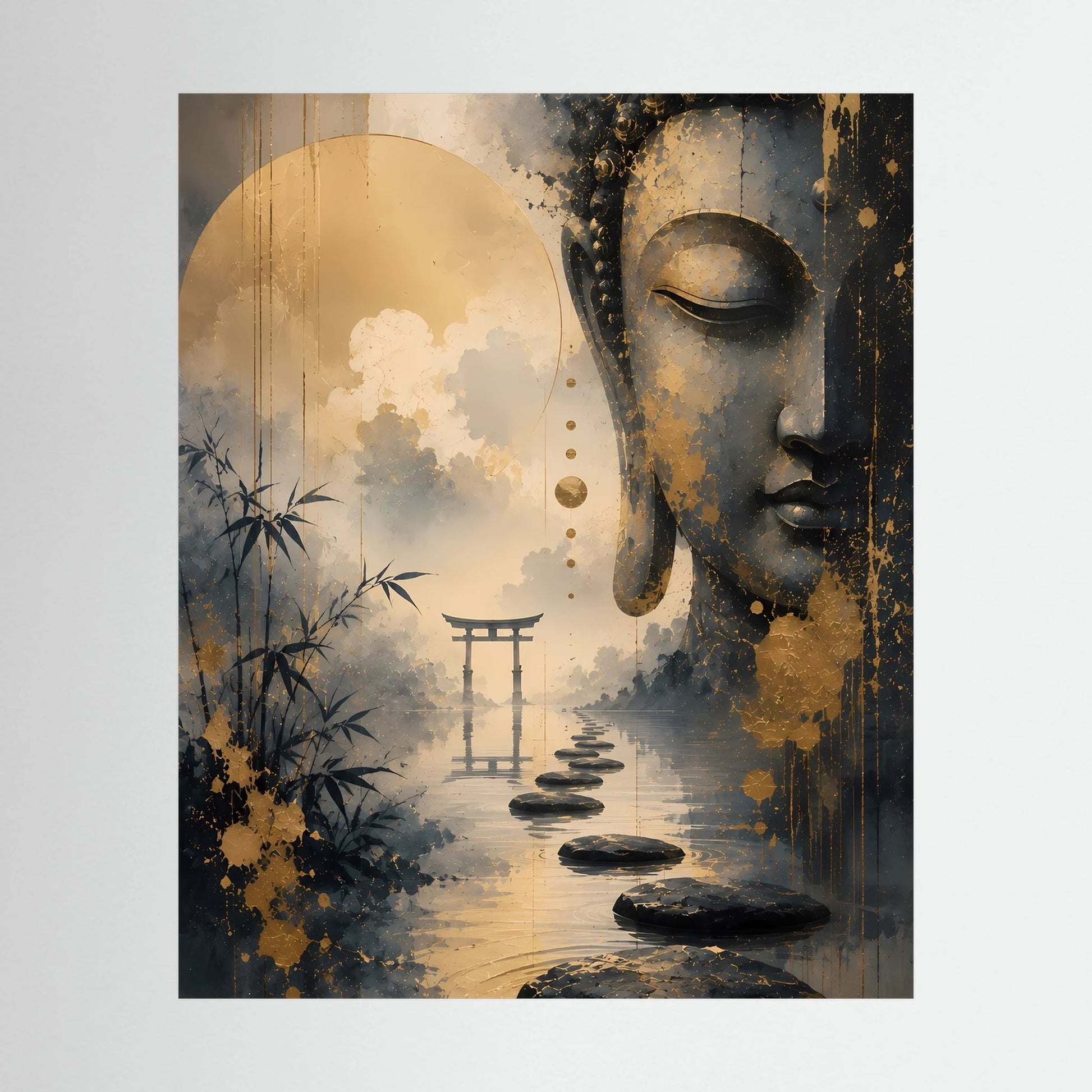 Hochformat-Poster mit Buddha-Gesicht in Gold und Schwarz, Zen-Landschaft und Steinstufen