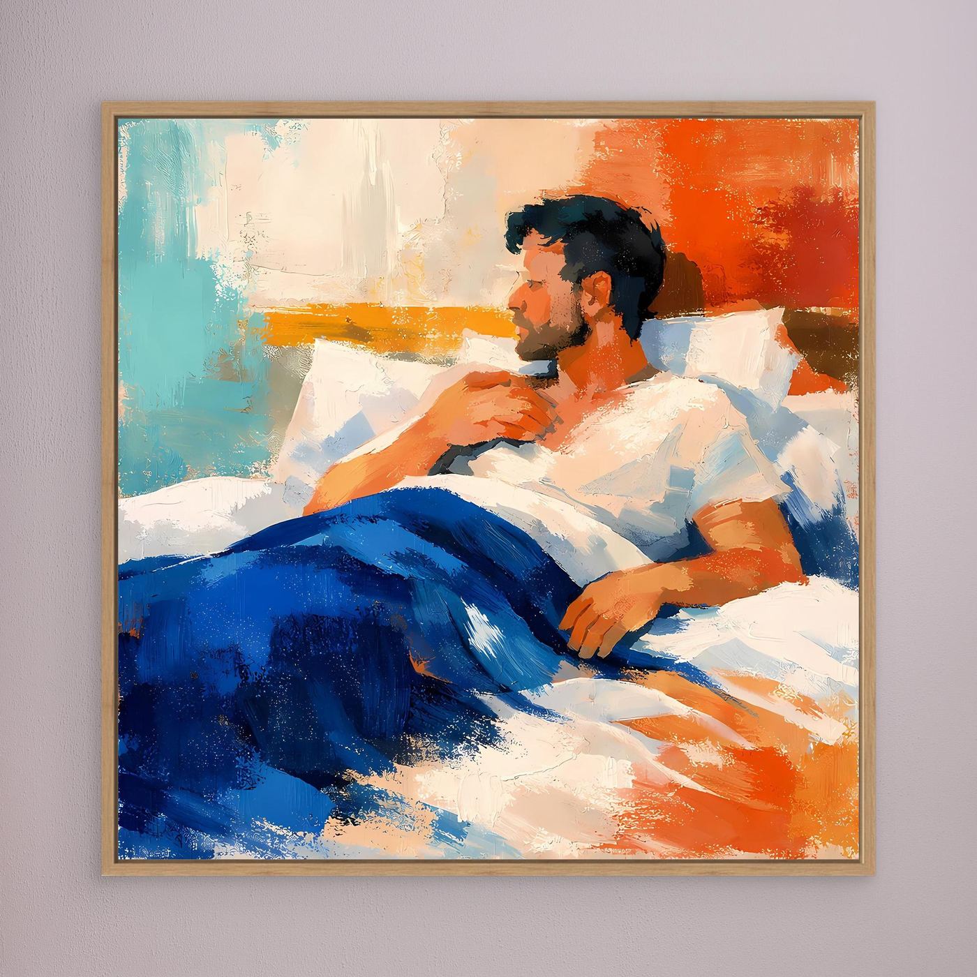 Wandbild mit abstraktem Mann im Bett, brauner Rahmen, Blau- und Orangetöne