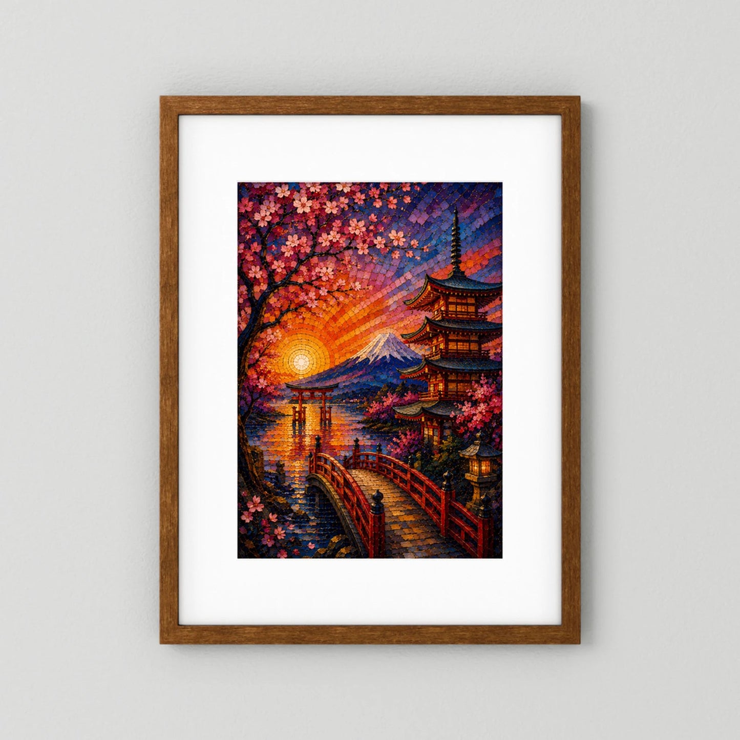 Hochformat-Poster im Mosaikstil mit Kirschblüten, Pagode und Fuji im Sonnenuntergang, braun gerahmt