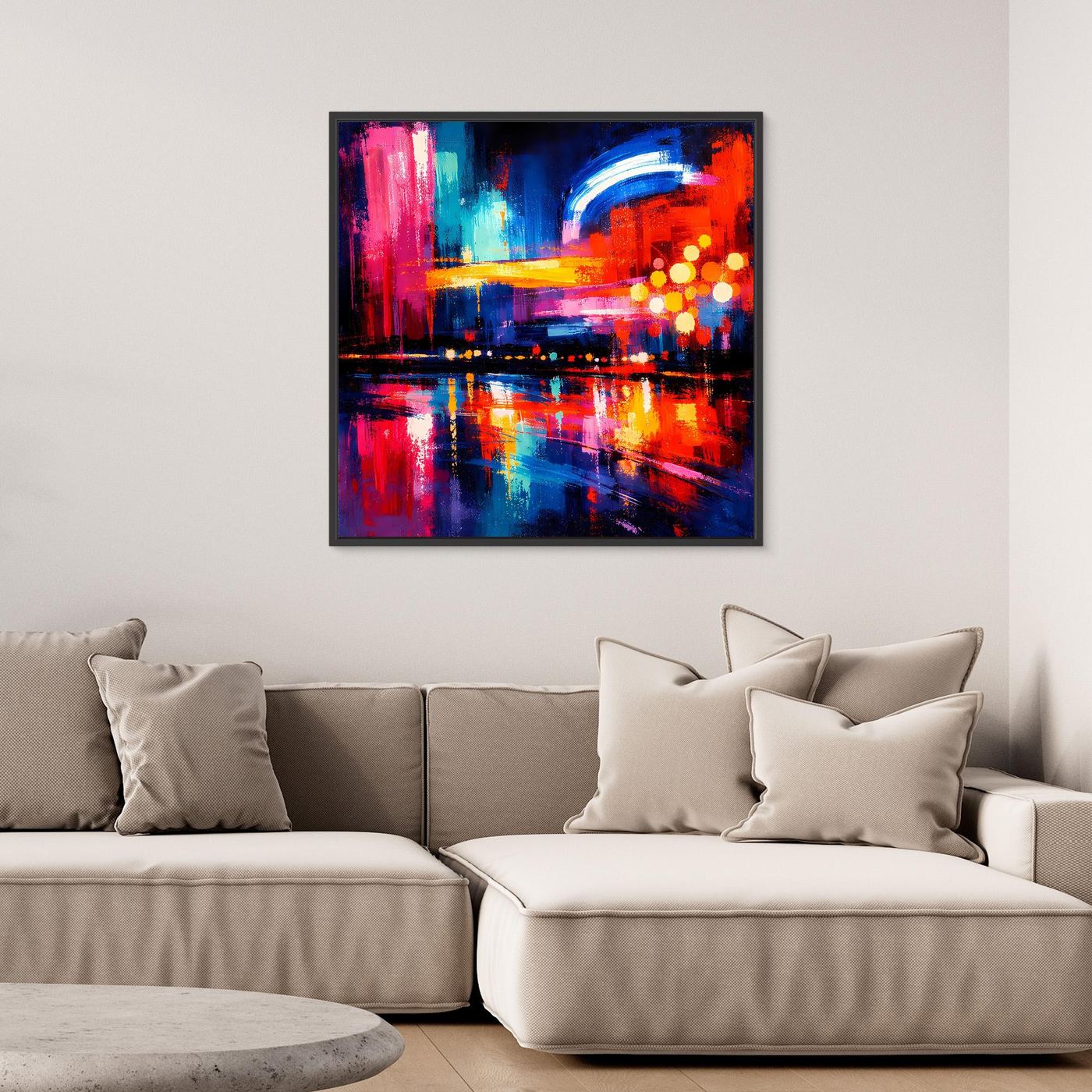 Gerahmtes Leinwandbild mit abstrakter City-Skyline bei Nacht, kräftige Farben und Reflexe