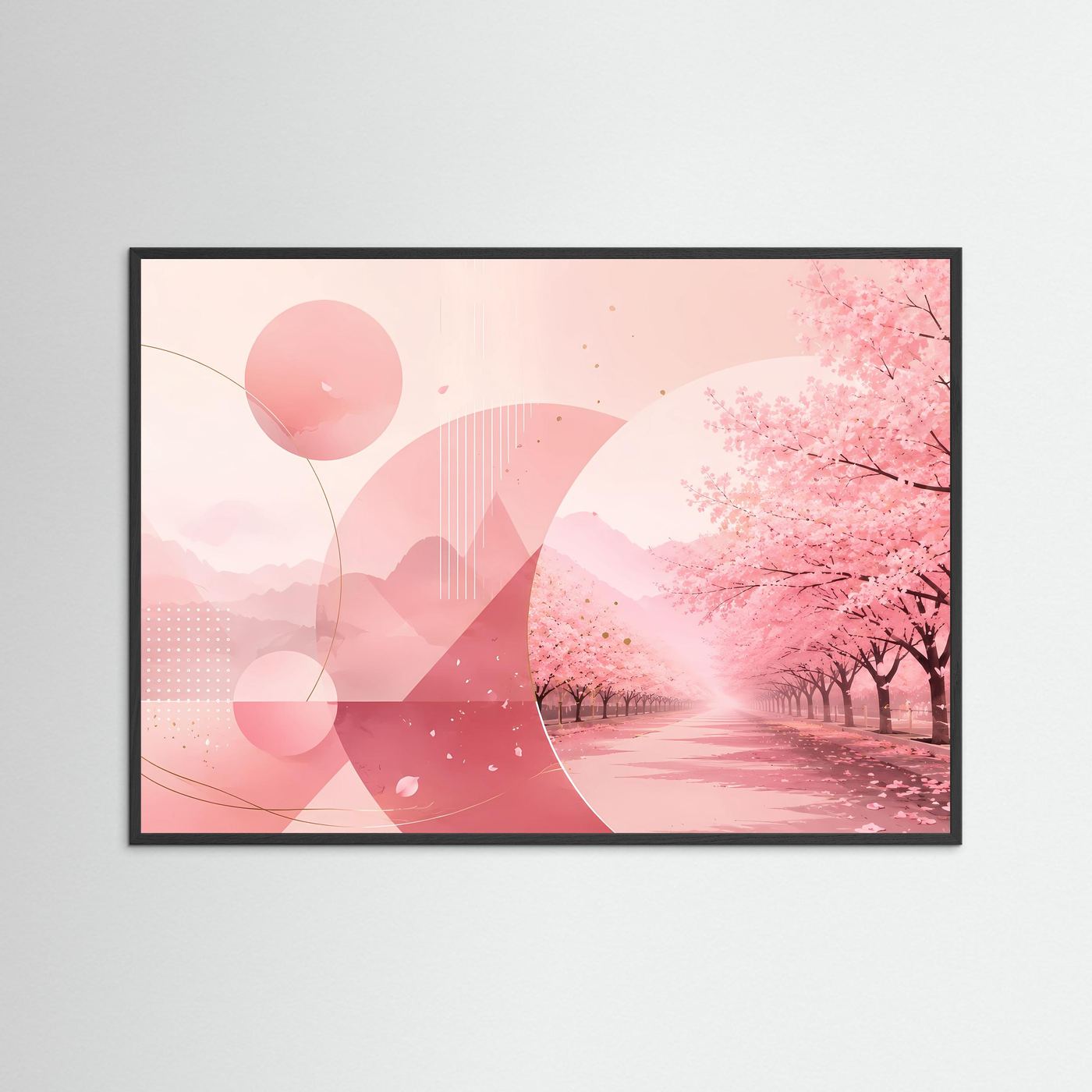 Poster im schwarzen Holzrahmen mit pinker Kirschblütenallee und rosa Landschaft