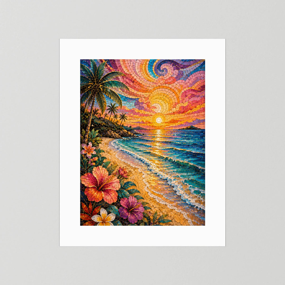 Tropischer Strand im Sonnenuntergang | Farbenfrohes Mosaik mit Palmen & Hibiskus | Poster Hochformat