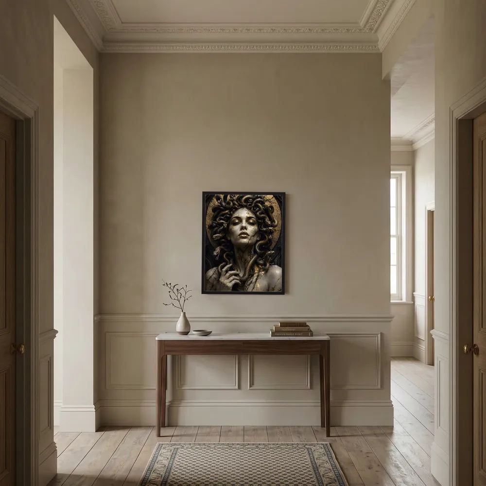 Medusa-Porträtposter in Schwarz und Gold mit Schlangenhaaren, gerahmt an der Wand