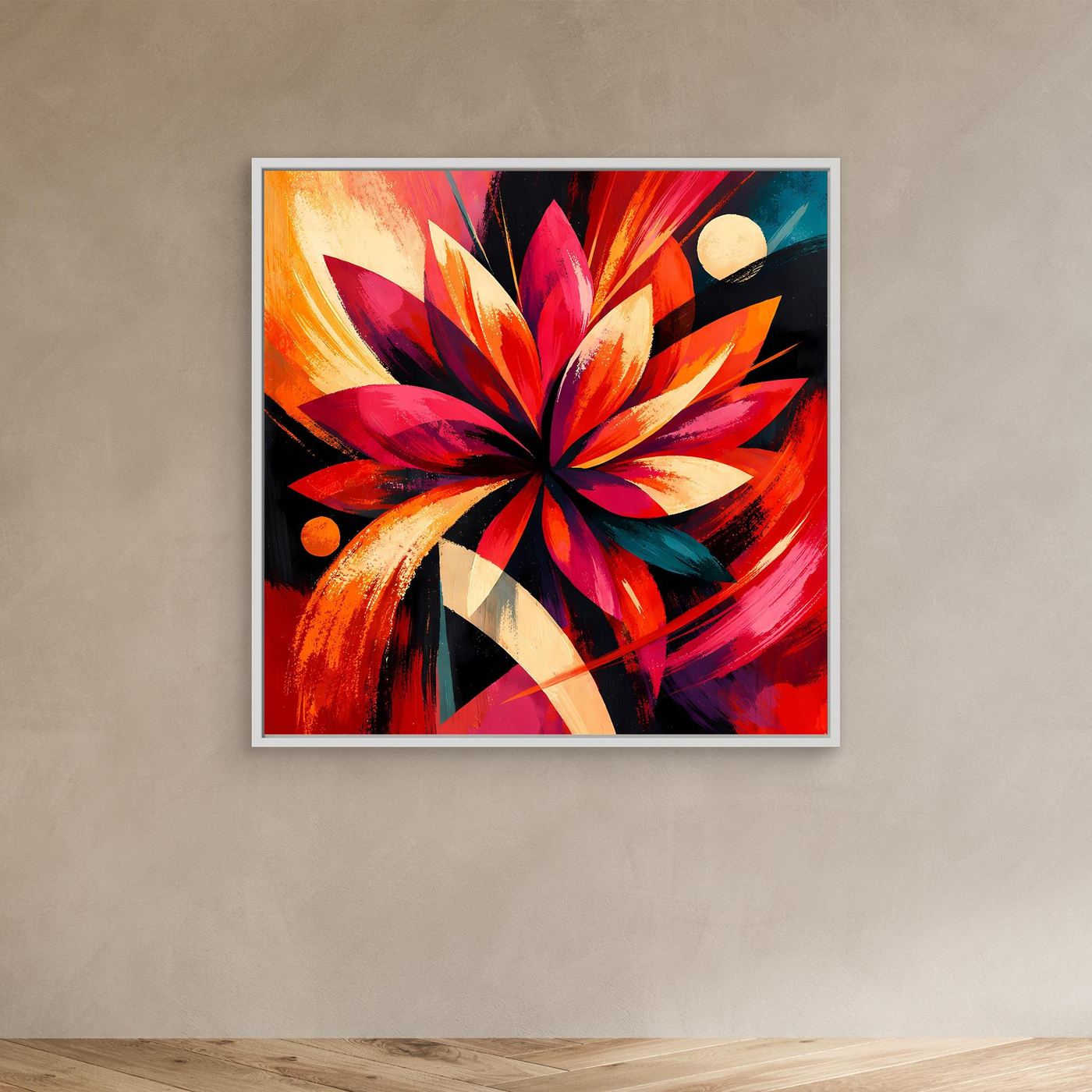 Leinwandbild mit abstrakter Blüte in Rot, Orange und Pink im weißen Rahmen