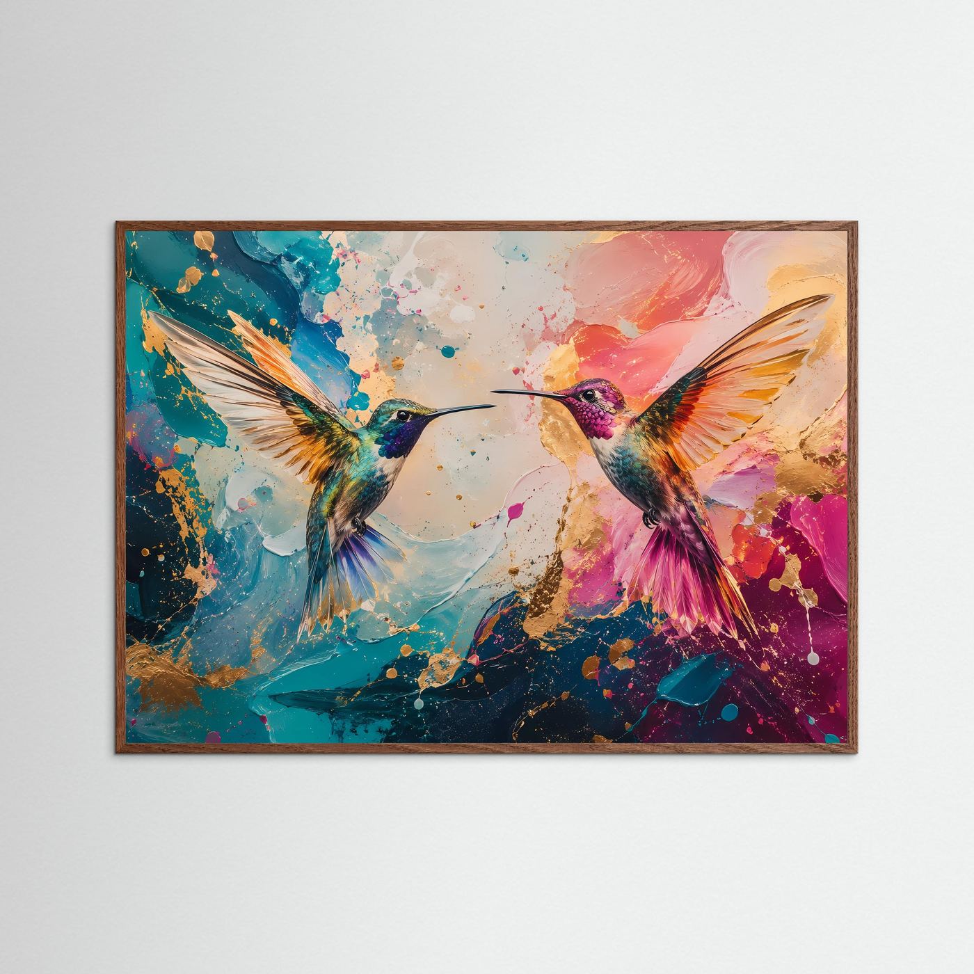 Zwei Kolibris im Farbspiel | Modernes Wandbild & Kunst-Poster mit Goldakzenten