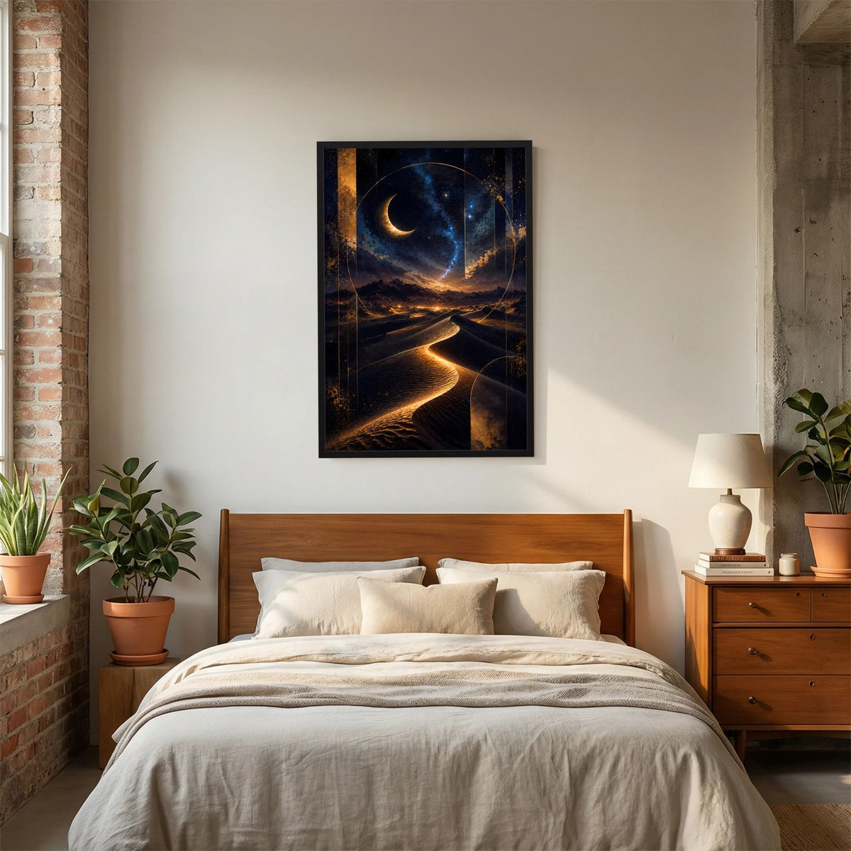 Hochformat-Poster im schwarzen Rahmen mit Mondsichel über Sanddünen bei Nacht
