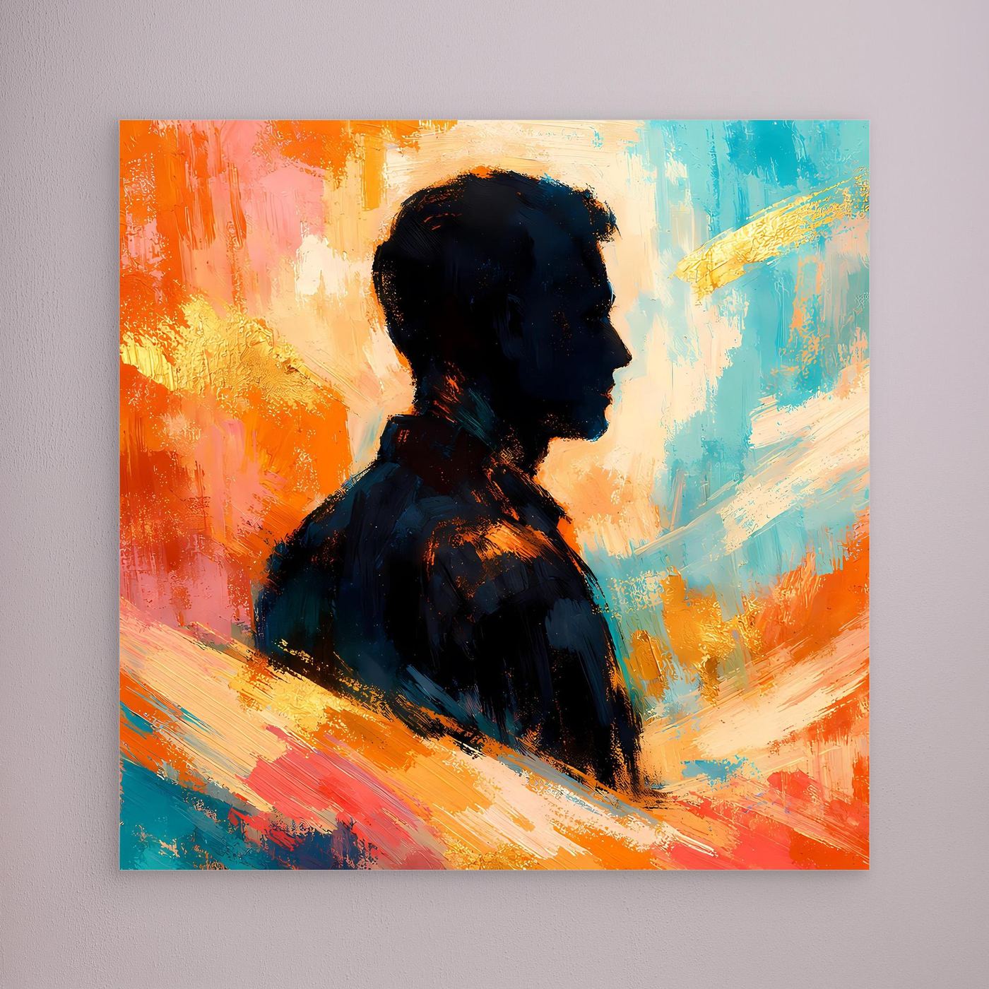Leinwandbild mit abstrakter Silhouette eines Mannes in Blau-Orange mit Pinselstrichen