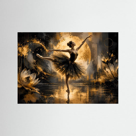Tanzposter mit tanzender Ballerina in Schwarz und Gold, Querformat, schwarzer Rahmen