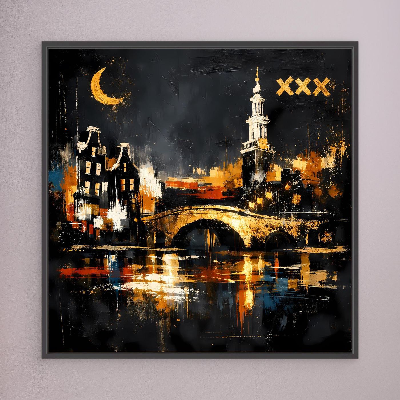Leinwand Romantische Grachten von Amsterdam bei Nacht | Modernes Holland Wandbild