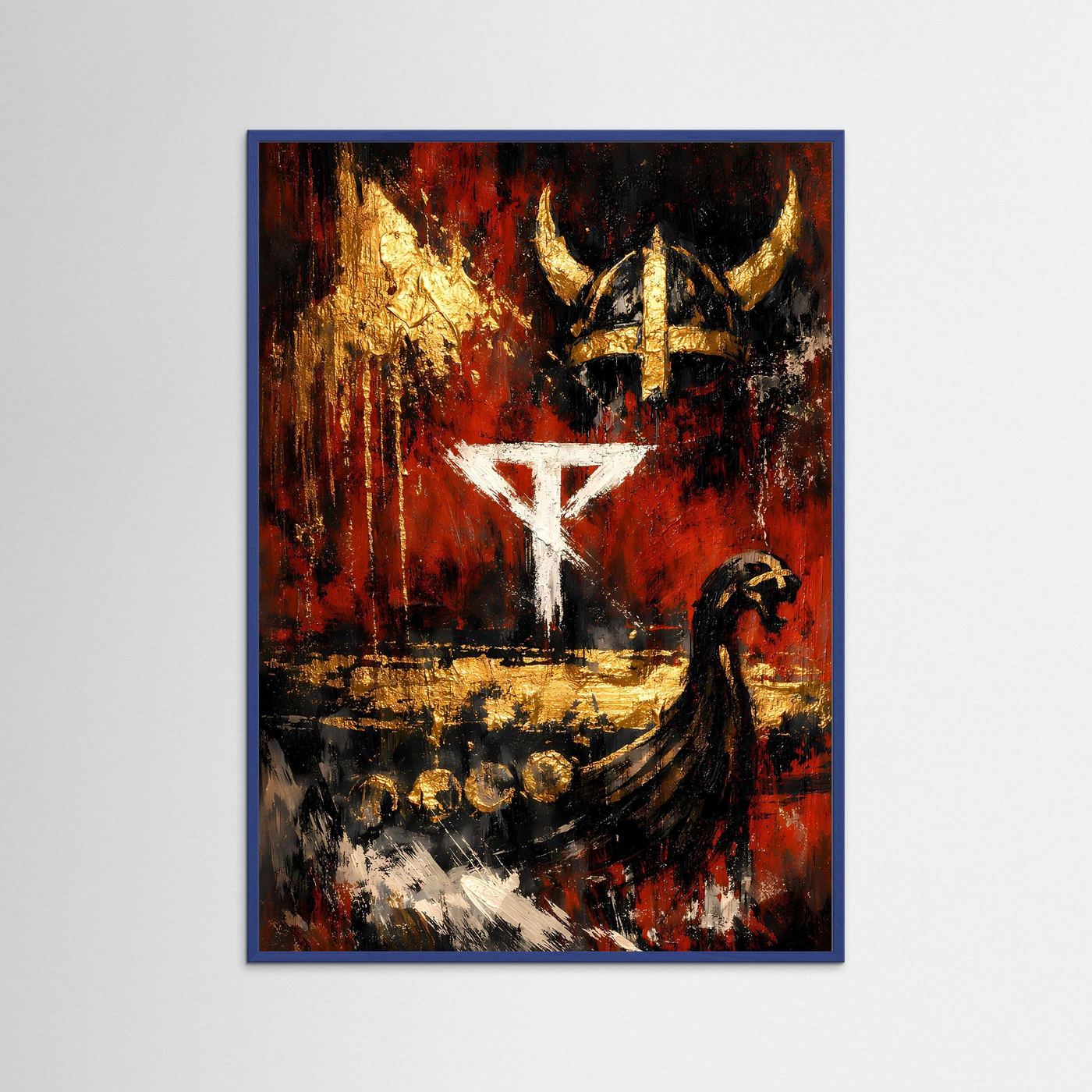 Hochformatiges Kunstposter mit Wikinger-Motiv, rot-schwarz-gold, blauer Rahmen