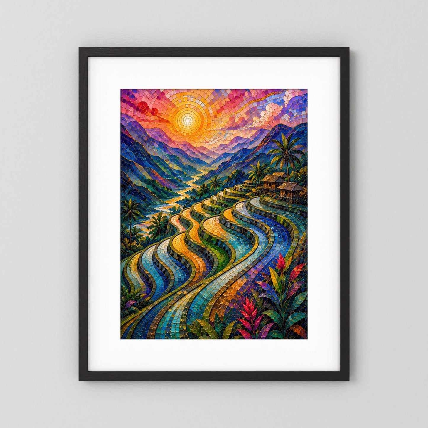Reisterrassen im Sonnenuntergang | Farbenfrohe Mosaik Landschaft | Poster Hochformat
