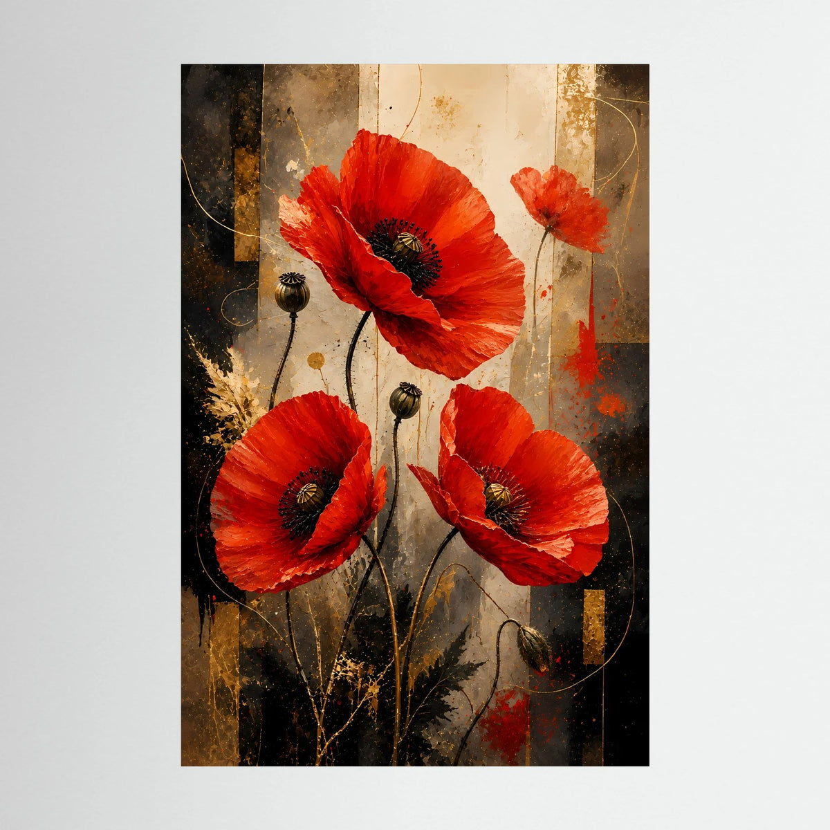 Roter Mohn in Gold & Schwarz | Elegante florale Kunst | Poster Hochformat