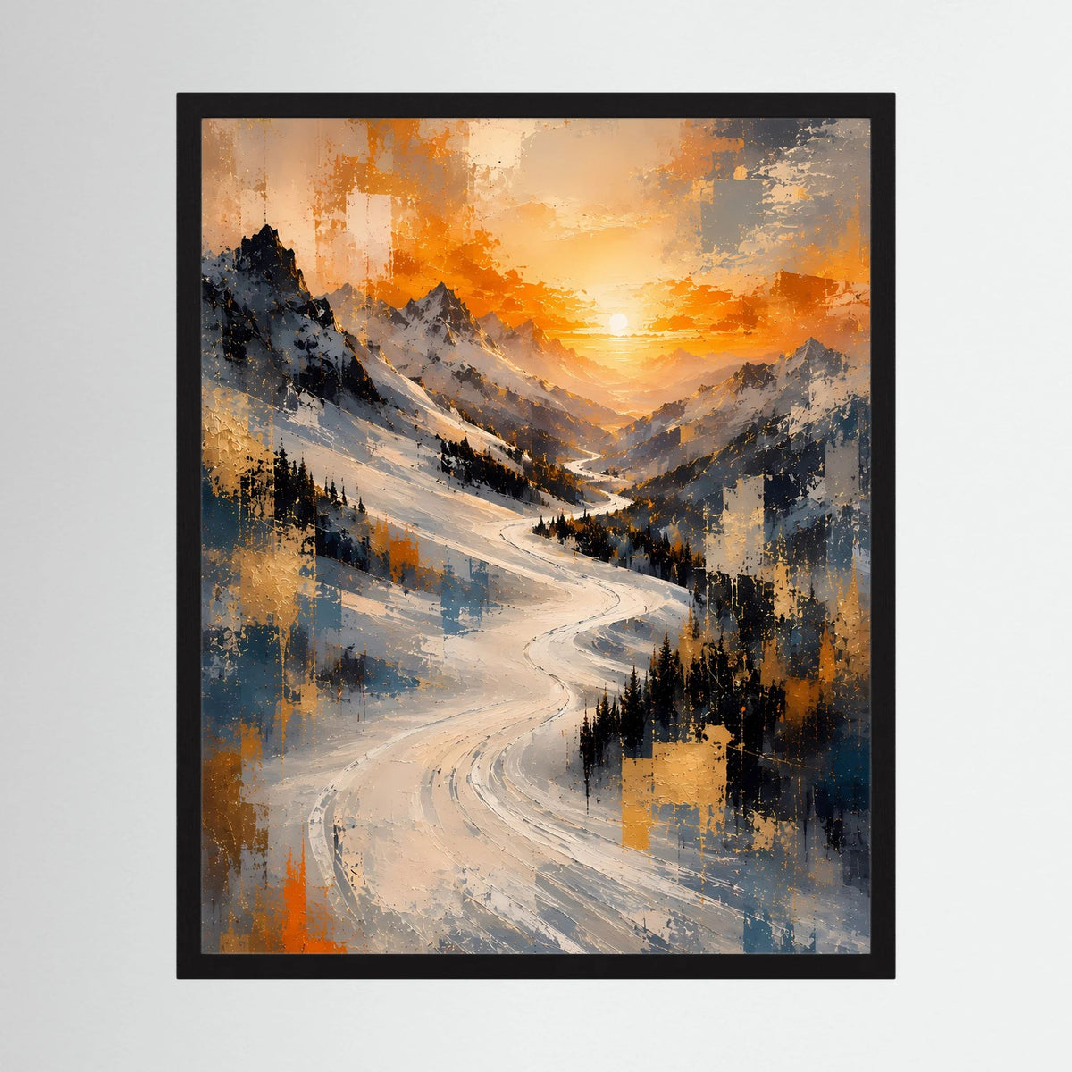 Gerahmtes Poster (Hochformat) mit verschneiter Berglandschaft und goldenem Sonnenuntergang