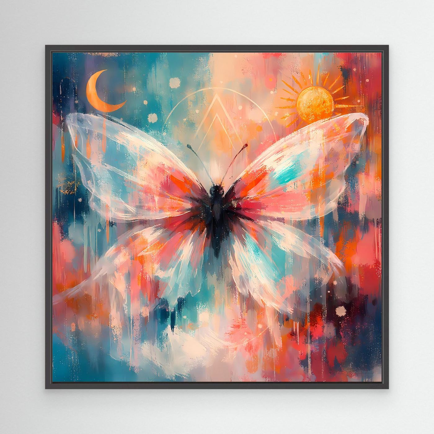 Leinwandbild mit Schmetterling, Sonne und Mond, im schwarzen Rahmen