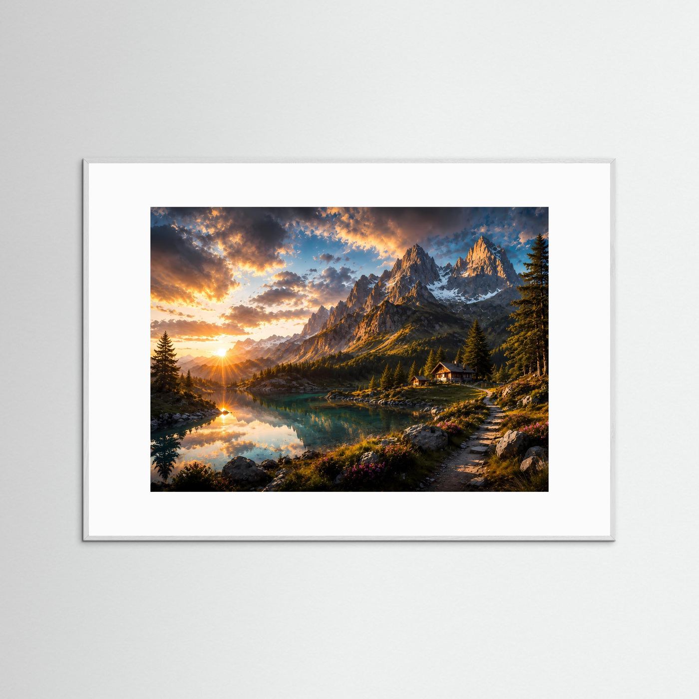 Querformat-Poster mit Alpenlandschaft, Bergspiegelung und Berghütte im weißen Rahmen