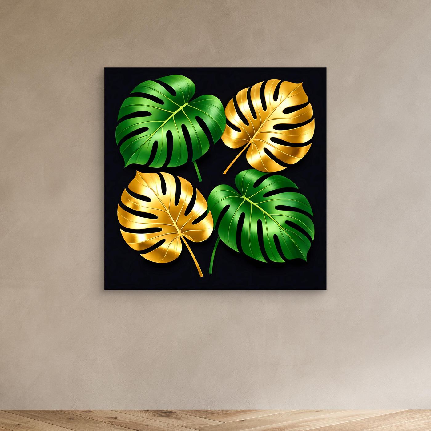 Leinwandbild mit Monstera-Blättern, goldgrün, ohne sichtbaren Rahmen