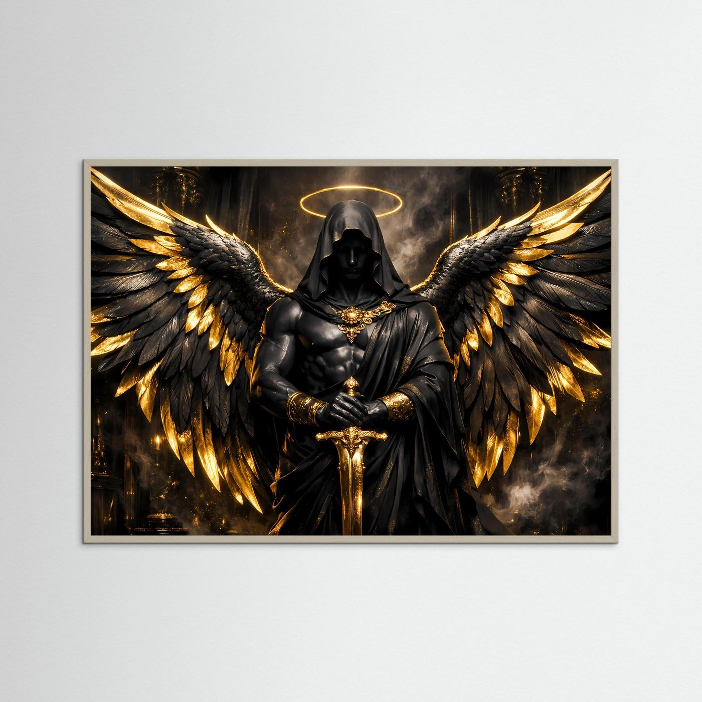 Dunkler Engel mit Goldflügeln & Schwert | Mystisches Wandbild Querformat