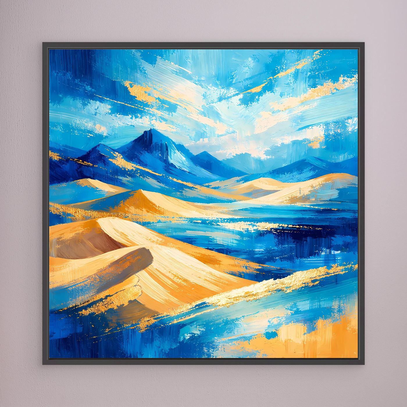 Leinwandbild abstrakte Berglandschaft, blaue Flächen und goldgelbe Highlights, schwarzer Rahmen