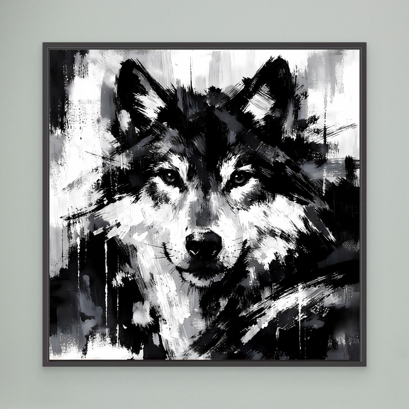 Wolf-Wandbild (Leinwand) in Schwarzweiß, mit schwarzem Rahmen