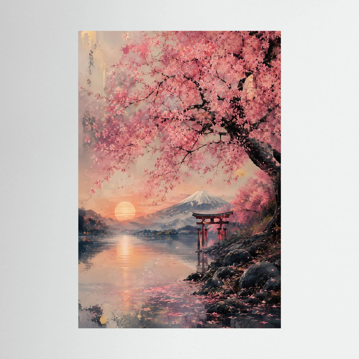 Poster im Hochformat mit rosa Kirschblüten, Fuji und Torii am Wasser, Sonnenuntergang